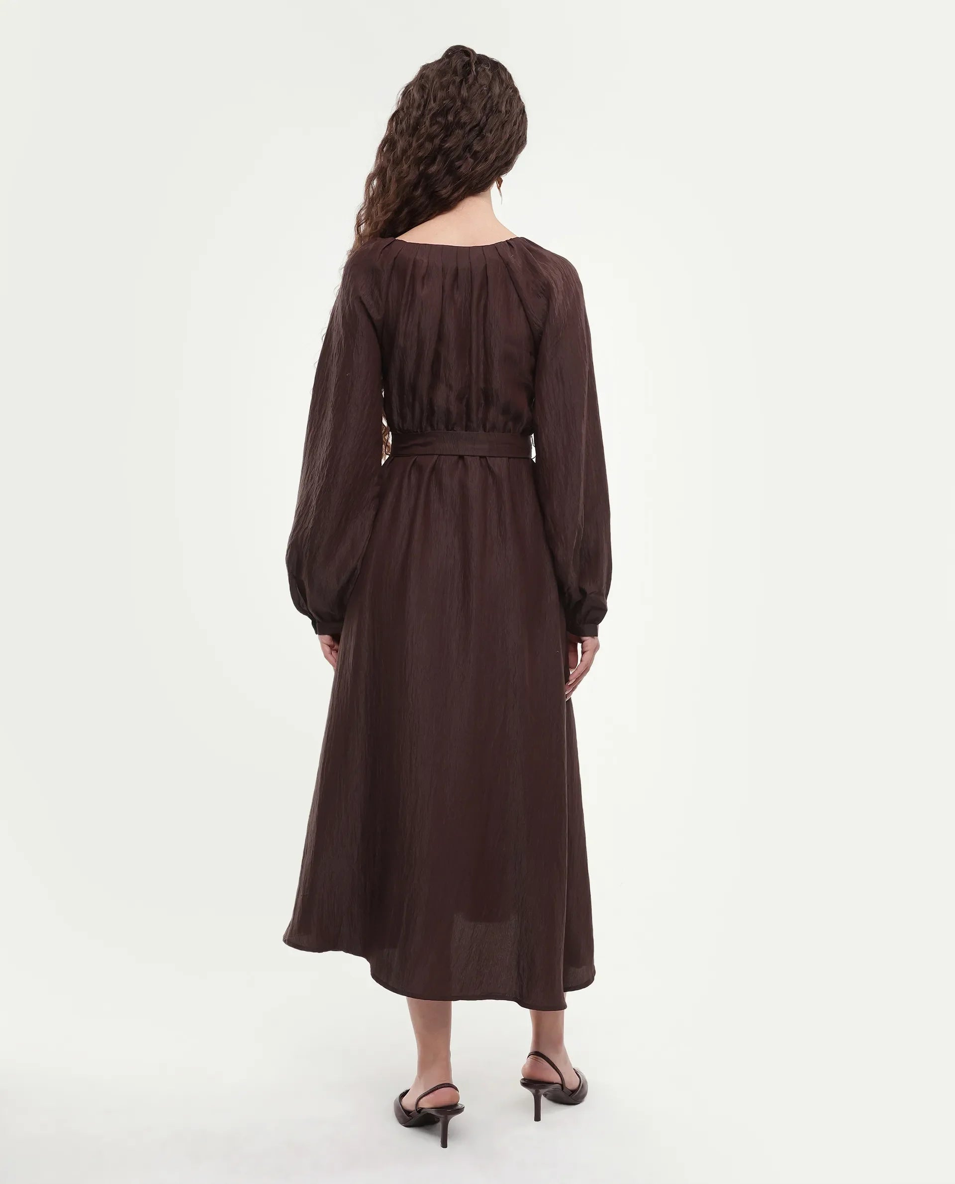 Rareism Women's Jumi Dark Brown Viscose Blend Raglan Sleeves V-Neck Flared Fit Plain Dress