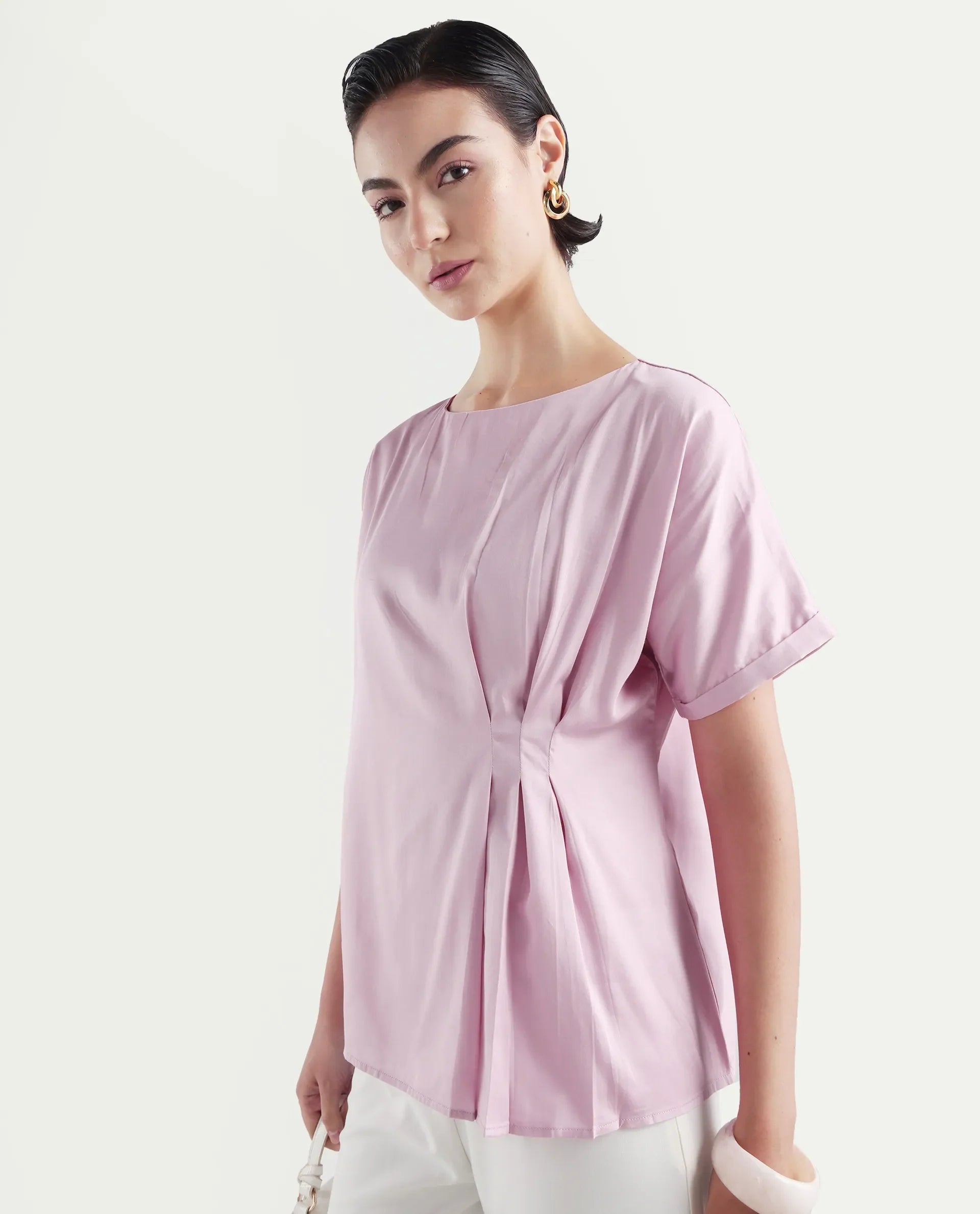 Rareism Women's Niyol Dusky Pink Cotton Blend Round Neck Regular Fit Plain Top