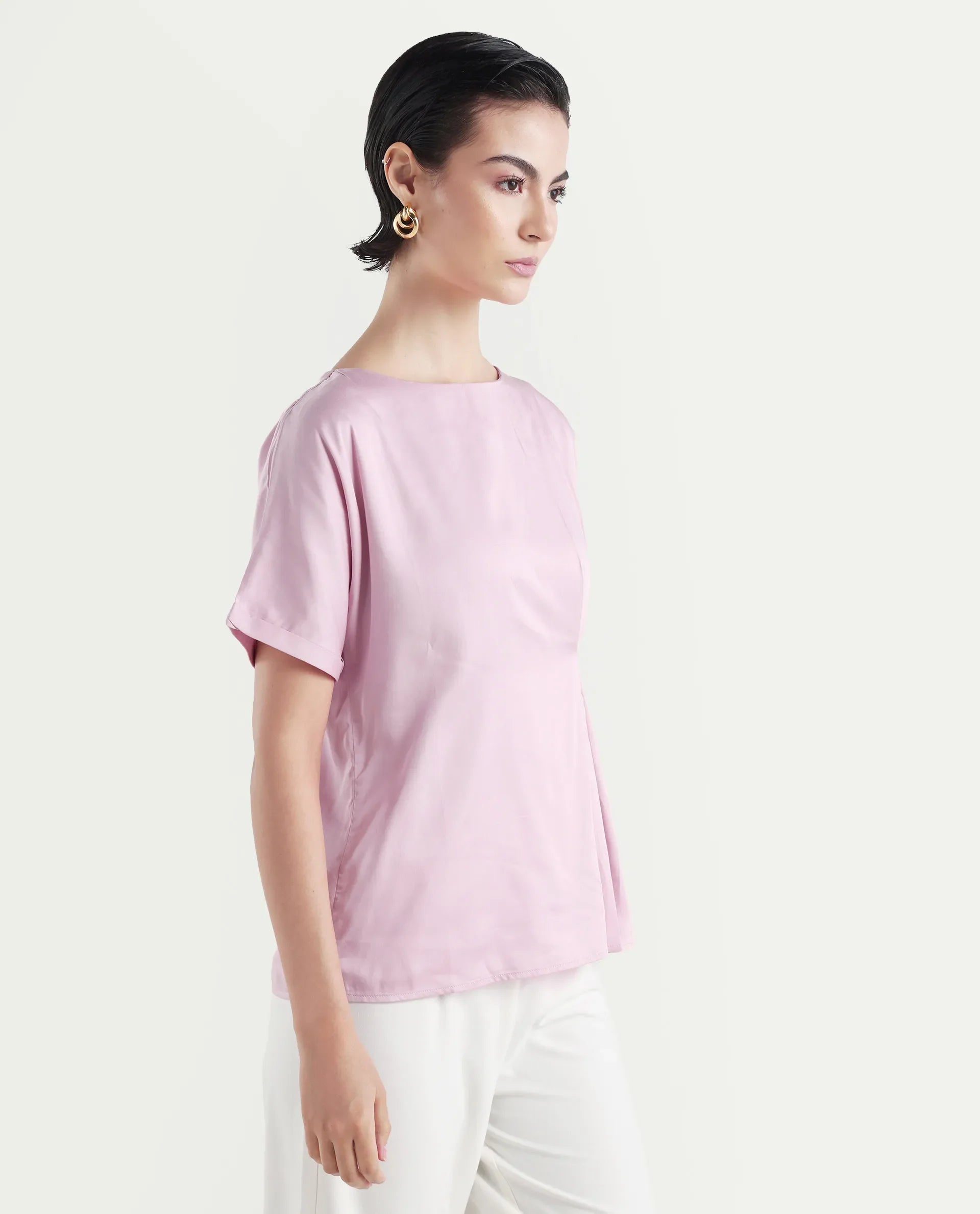 Rareism Women's Niyol Dusky Pink Cotton Blend Round Neck Regular Fit Plain Top