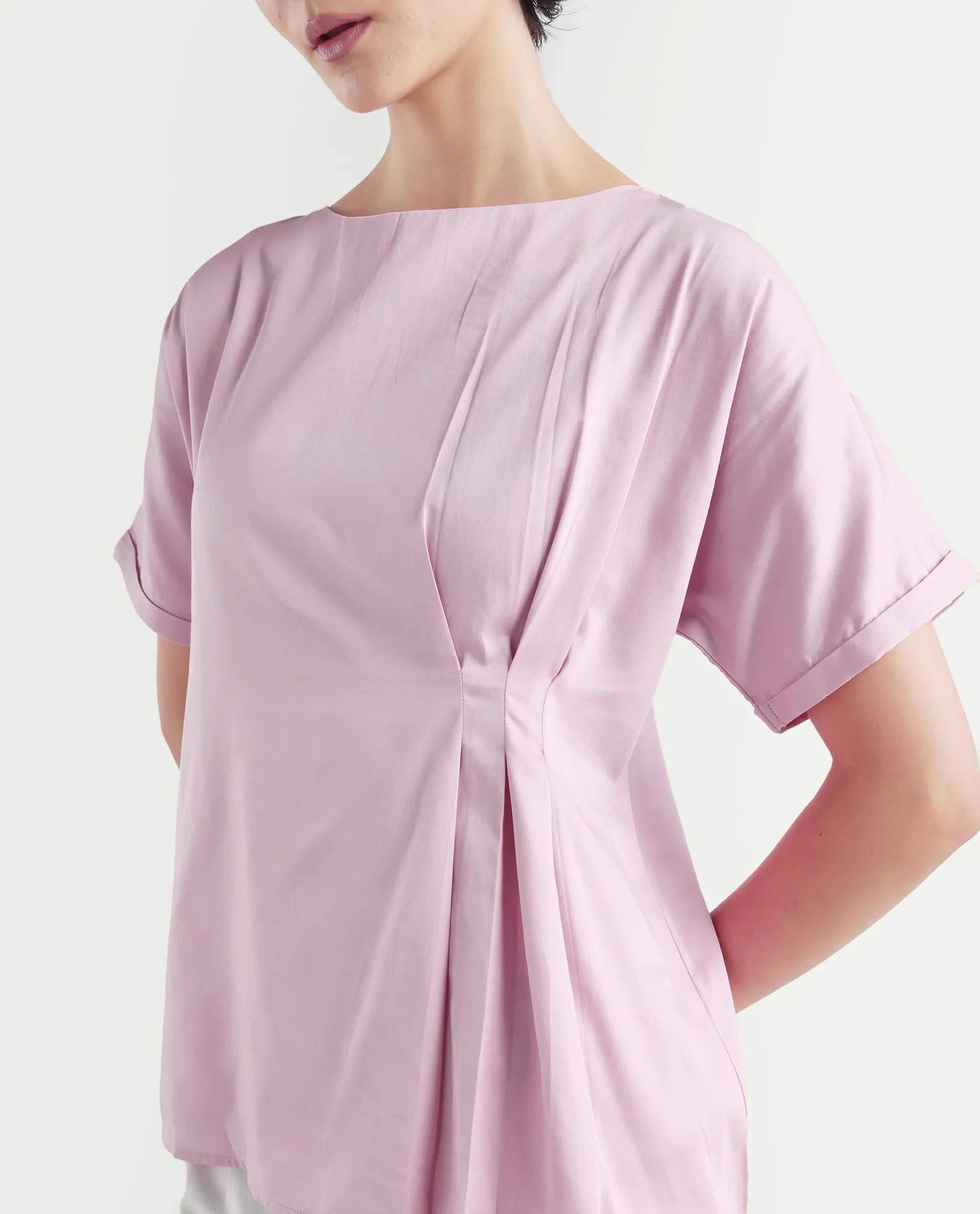 Rareism Women's Niyol Dusky Pink Cotton Blend Round Neck Regular Fit Plain Top