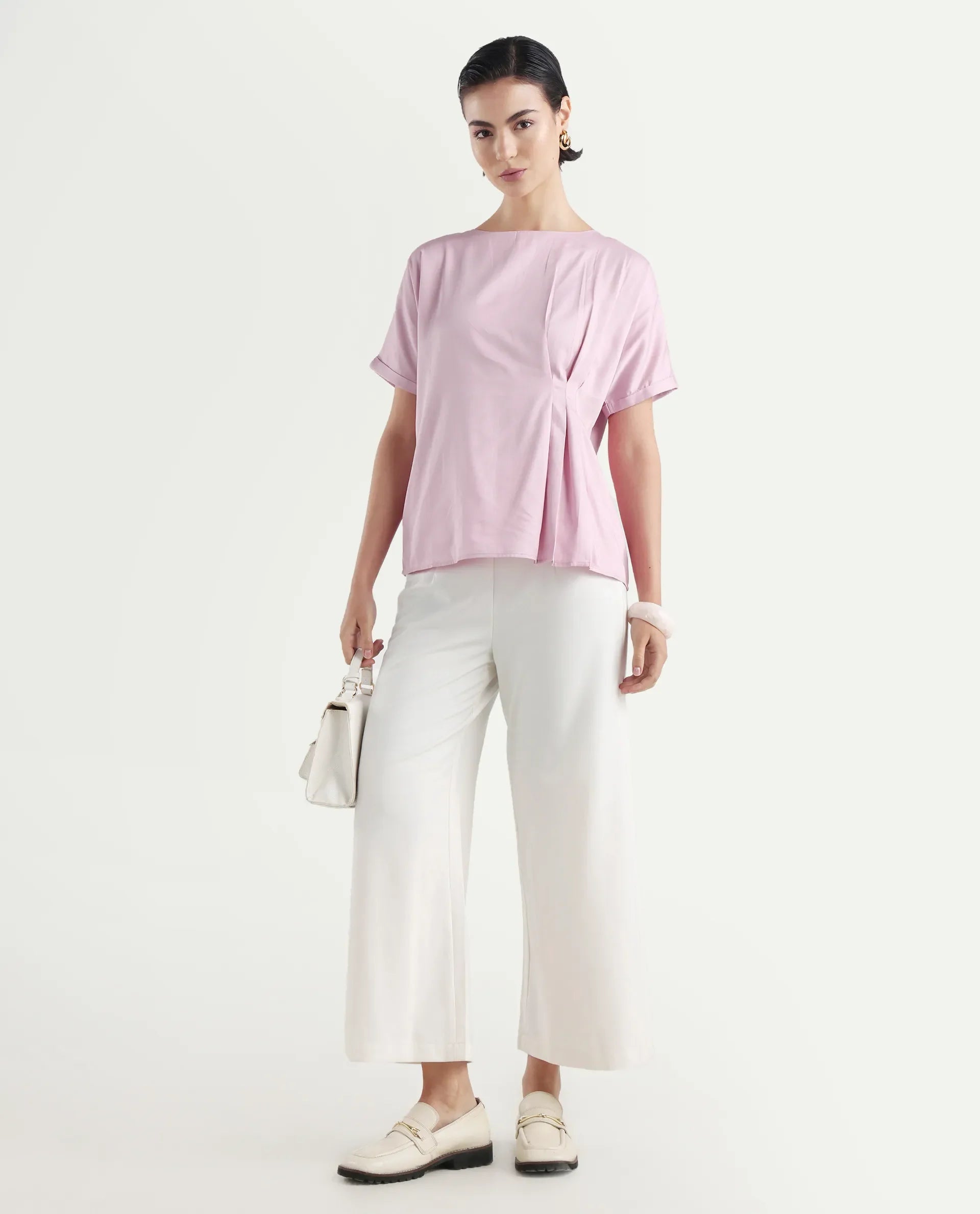 Rareism Women's Niyol Dusky Pink Cotton Blend Round Neck Regular Fit Plain Top