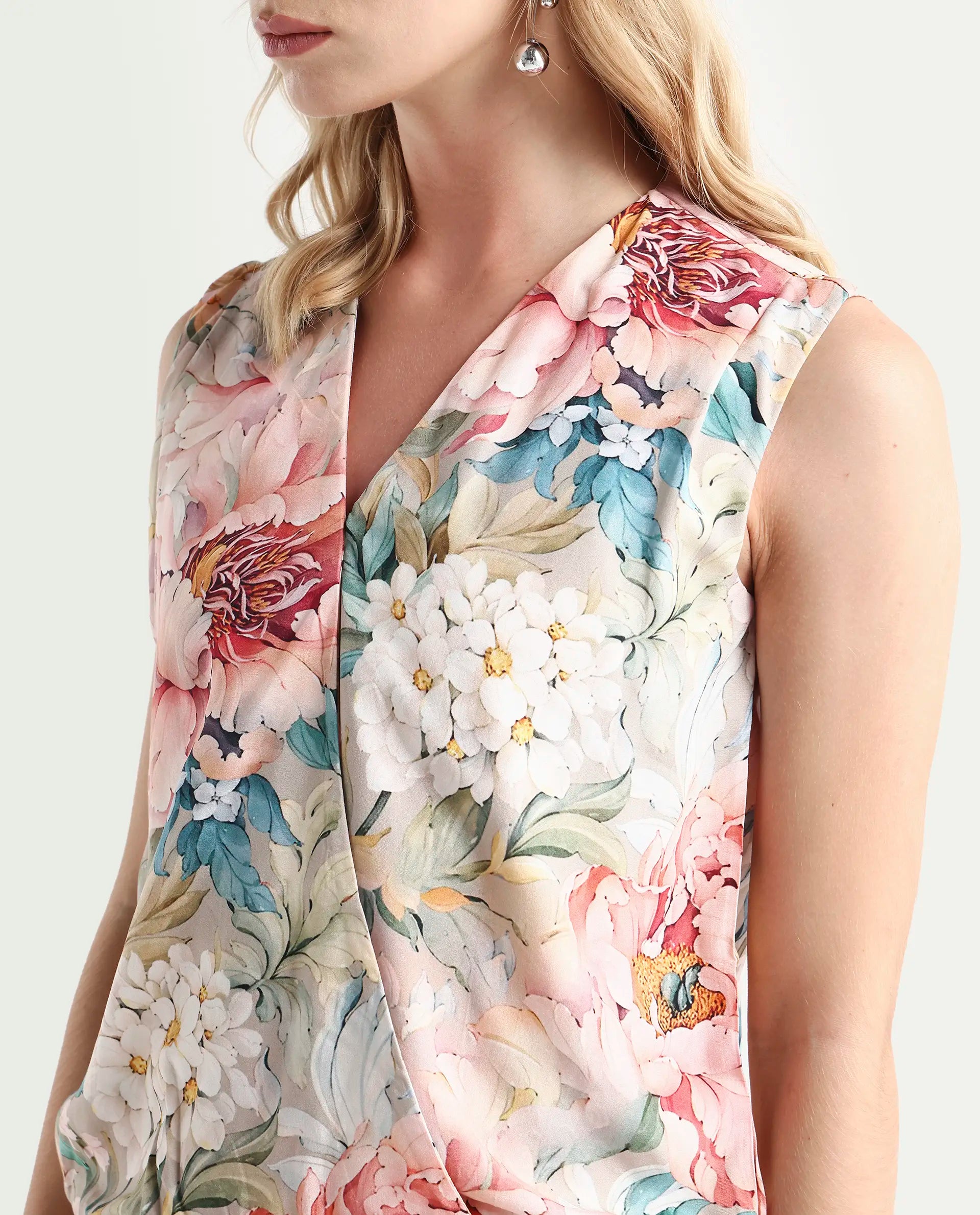 Rareism Women's Nujit Light Multi Viscose Sleeveless Over Lap Neck Regular Fit Top