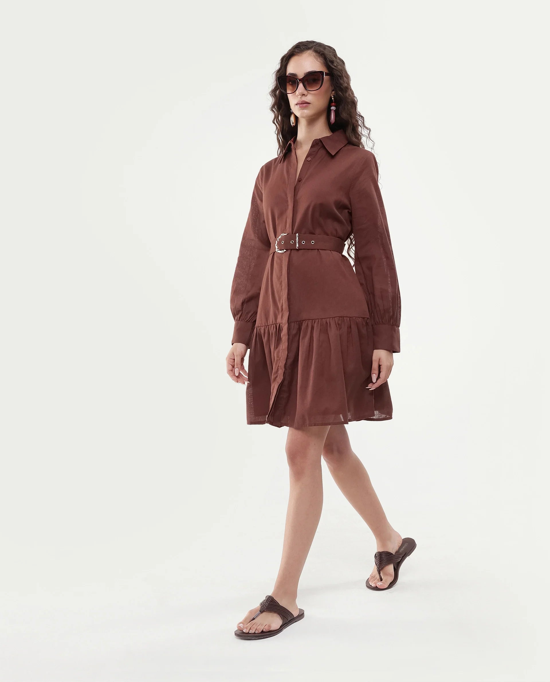 Rareism Women's Jenron Brown Cotton Blend Cuffed Sleeve Collared Neck Flared Fit Plain Dress