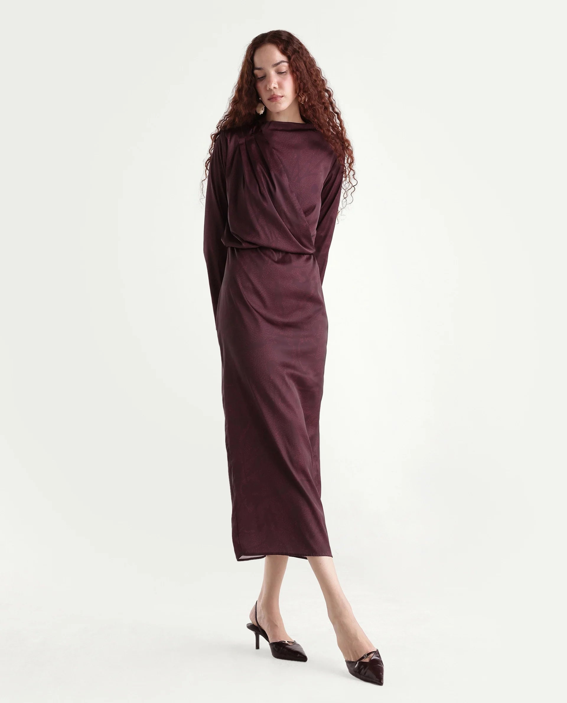 Rareism Women's Jusat Maroon Polyester Cowl Neck Straight Fit Dress