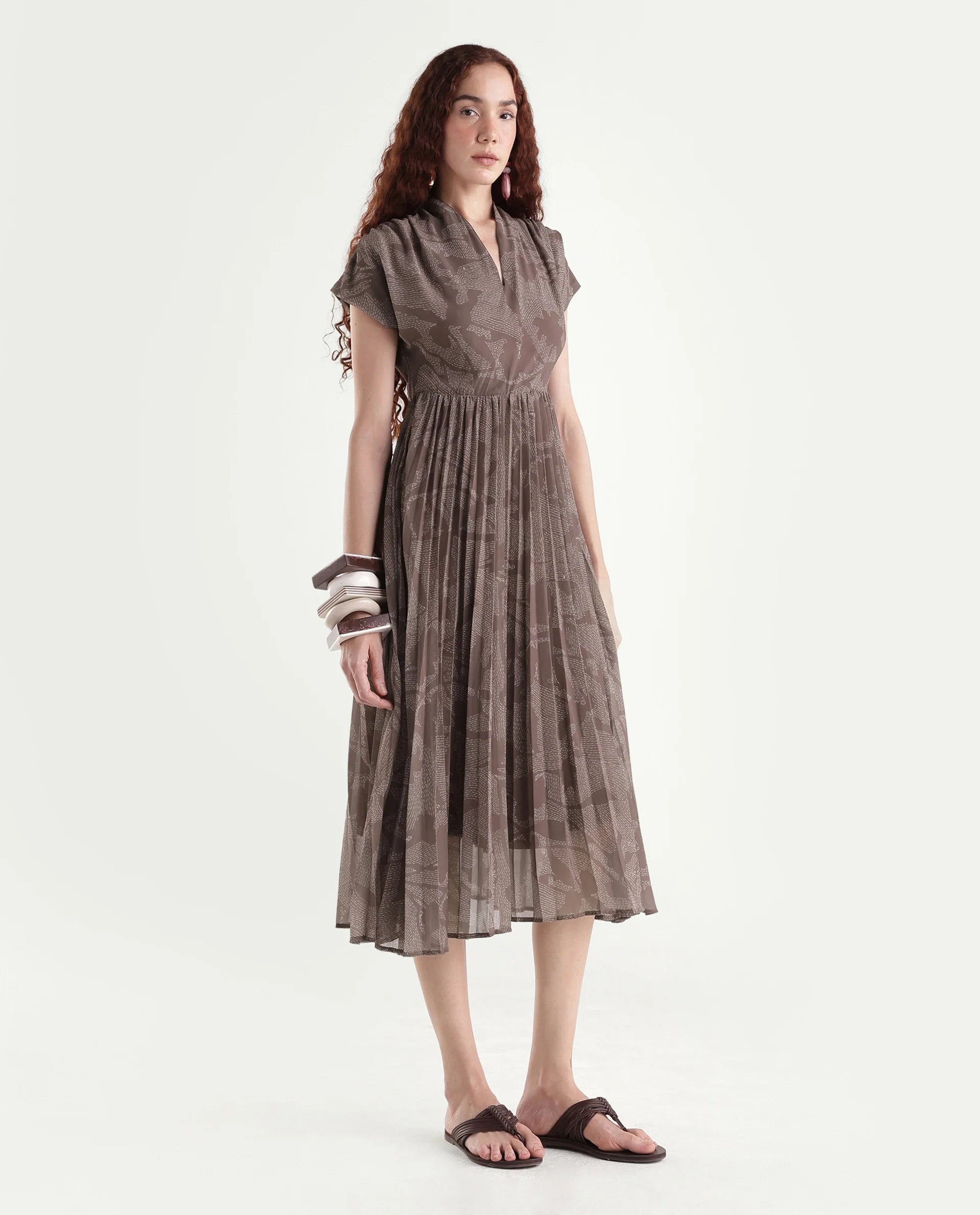 Rareism Women's Juremi Light Brown Cotton V-Neck Fit And Flare Printed Dress