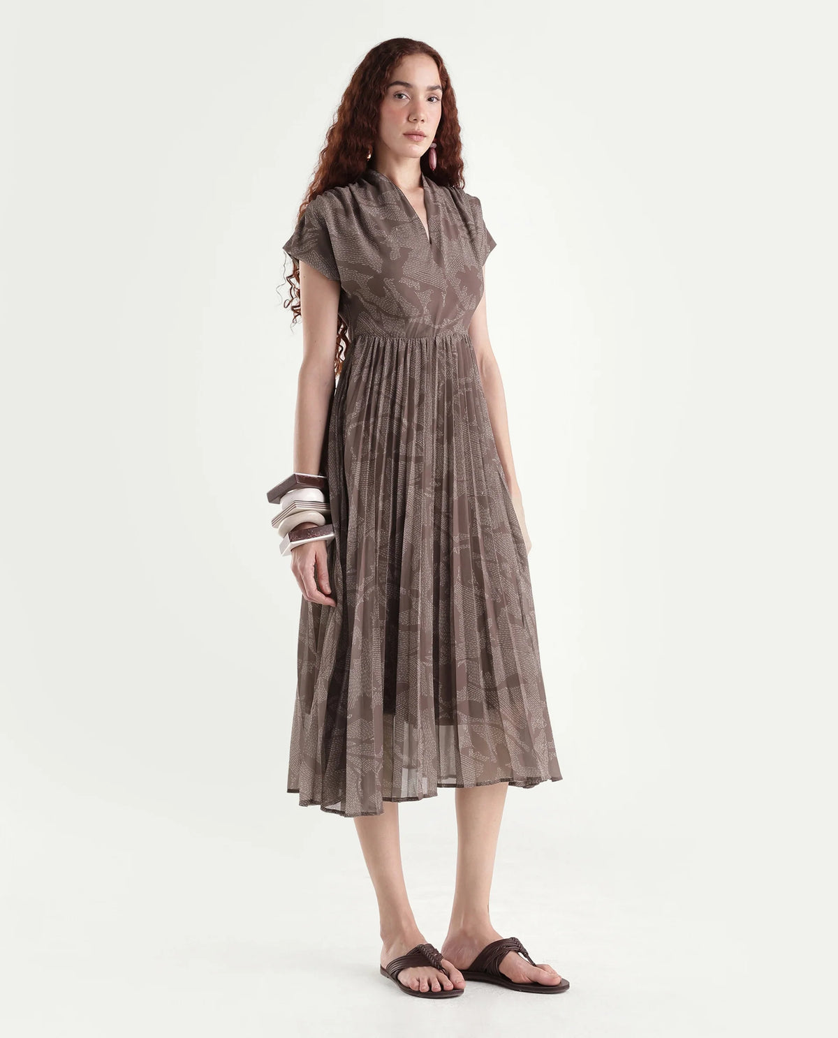 Rareism Women's Juremi Light Brown Cotton V-Neck Fit And Flare Printed Dress