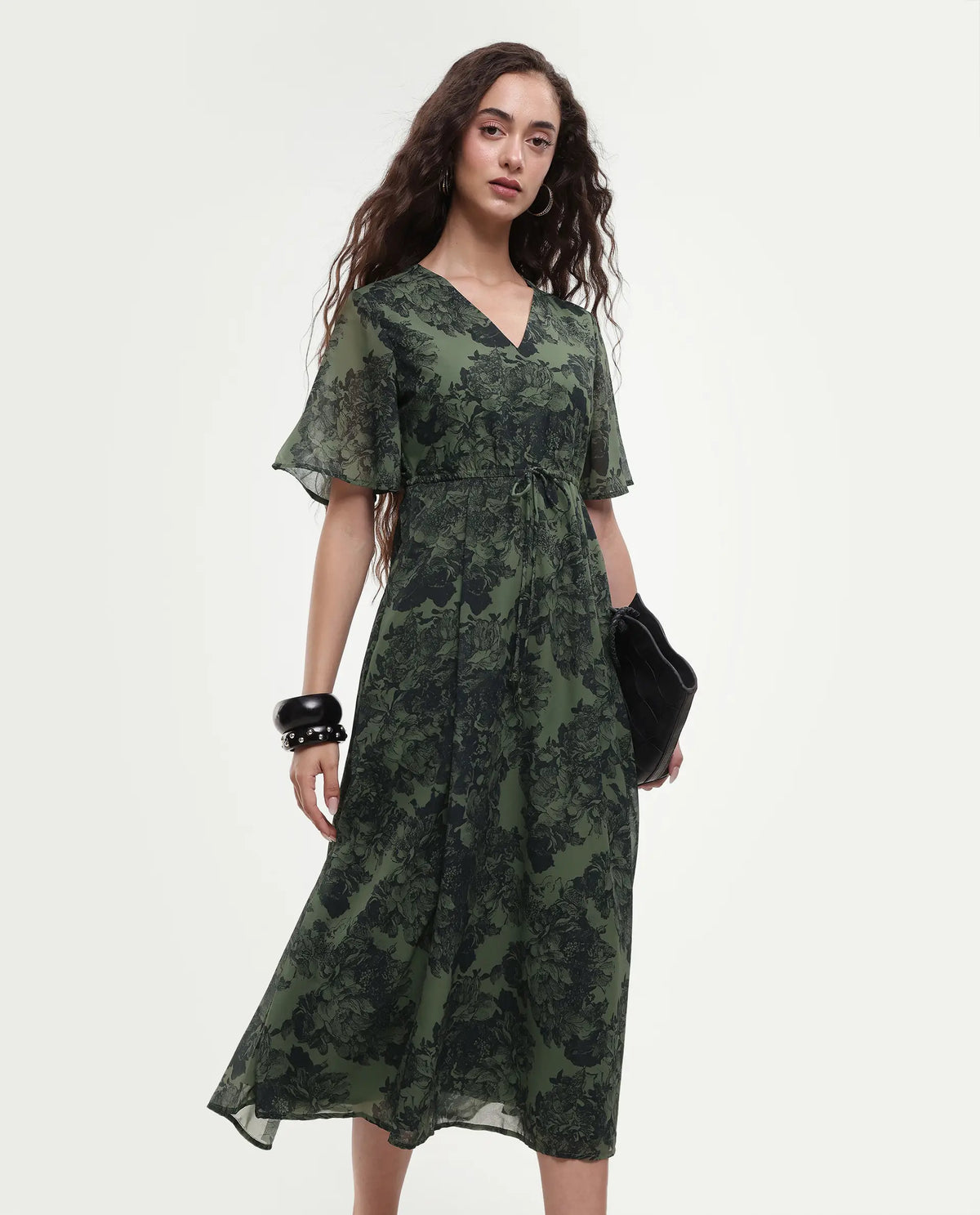 Rareism Women's Elgon Dark Green Polyester V-Neck Flared Floral Print Midi Dress
