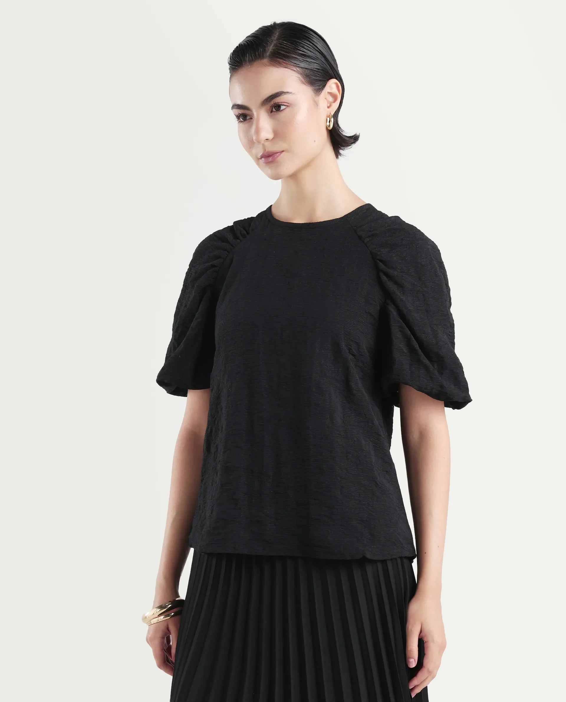 Rareism Women's Nuten Black Nylon Blend Balloon Sleeve Crew Neck Regular Fit Plain Top
