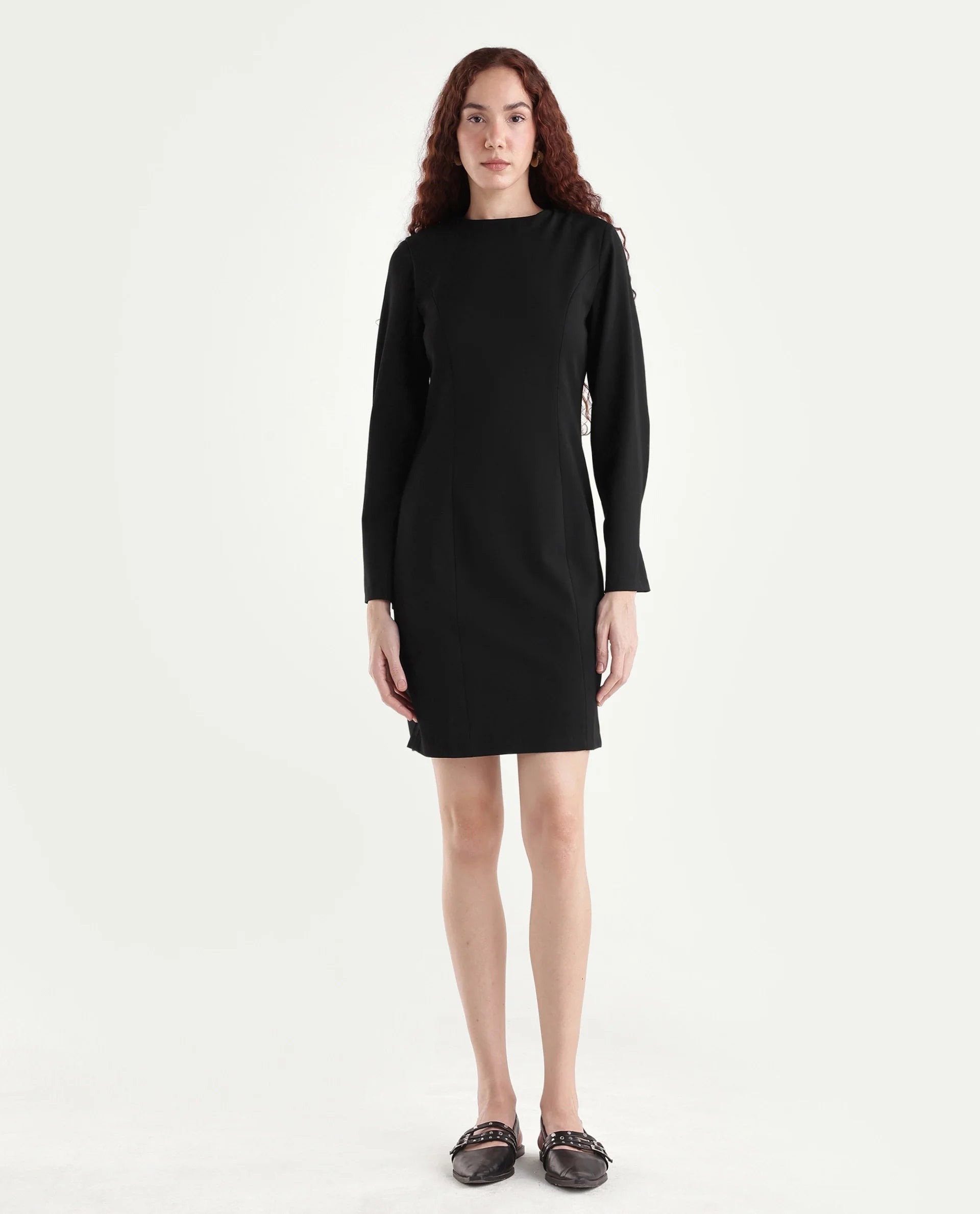Rareism Women Juna Black Polyester Blend Solid Fitted Dress