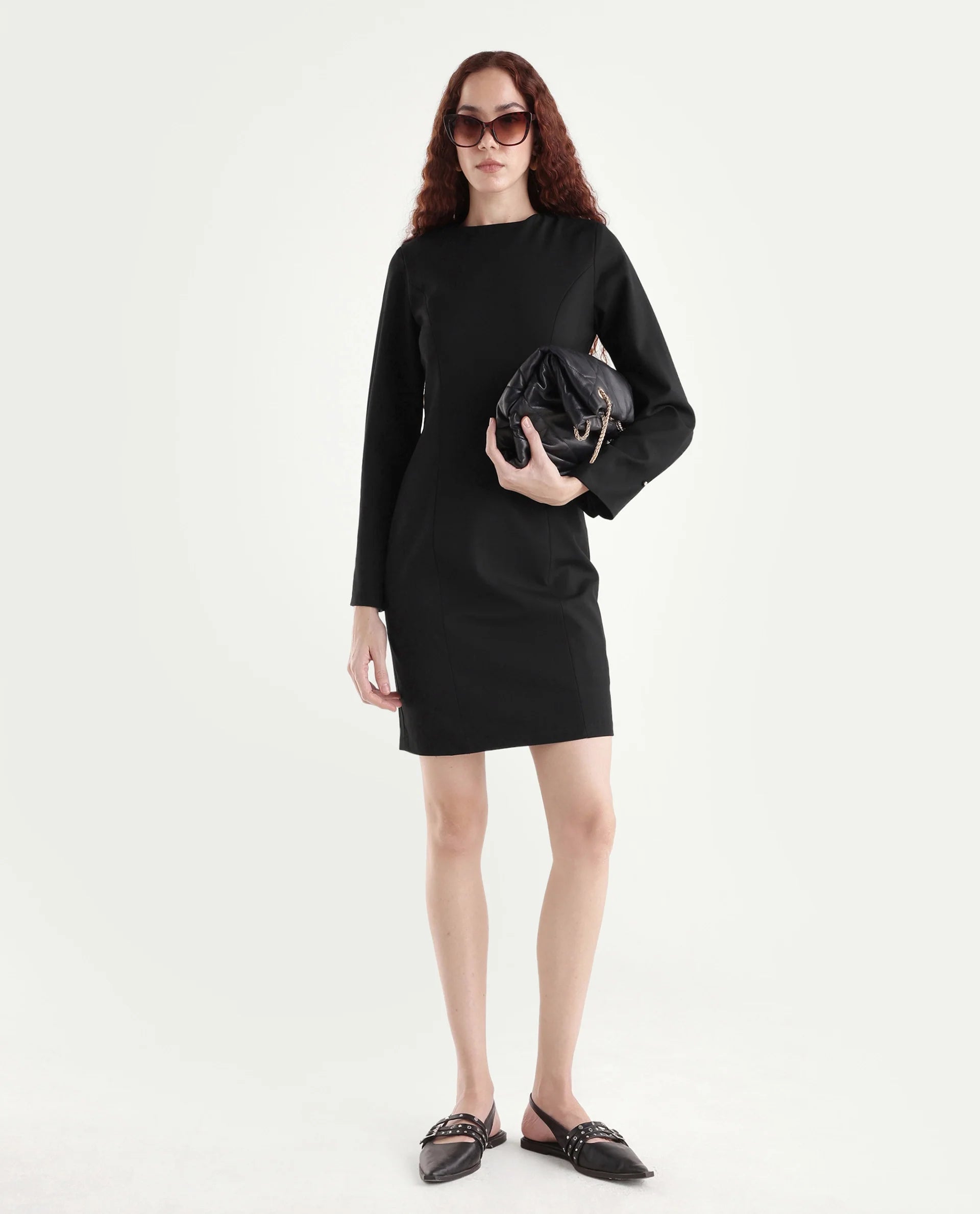 Rareism Women Juna Black Polyester Blend Solid Fitted Dress
