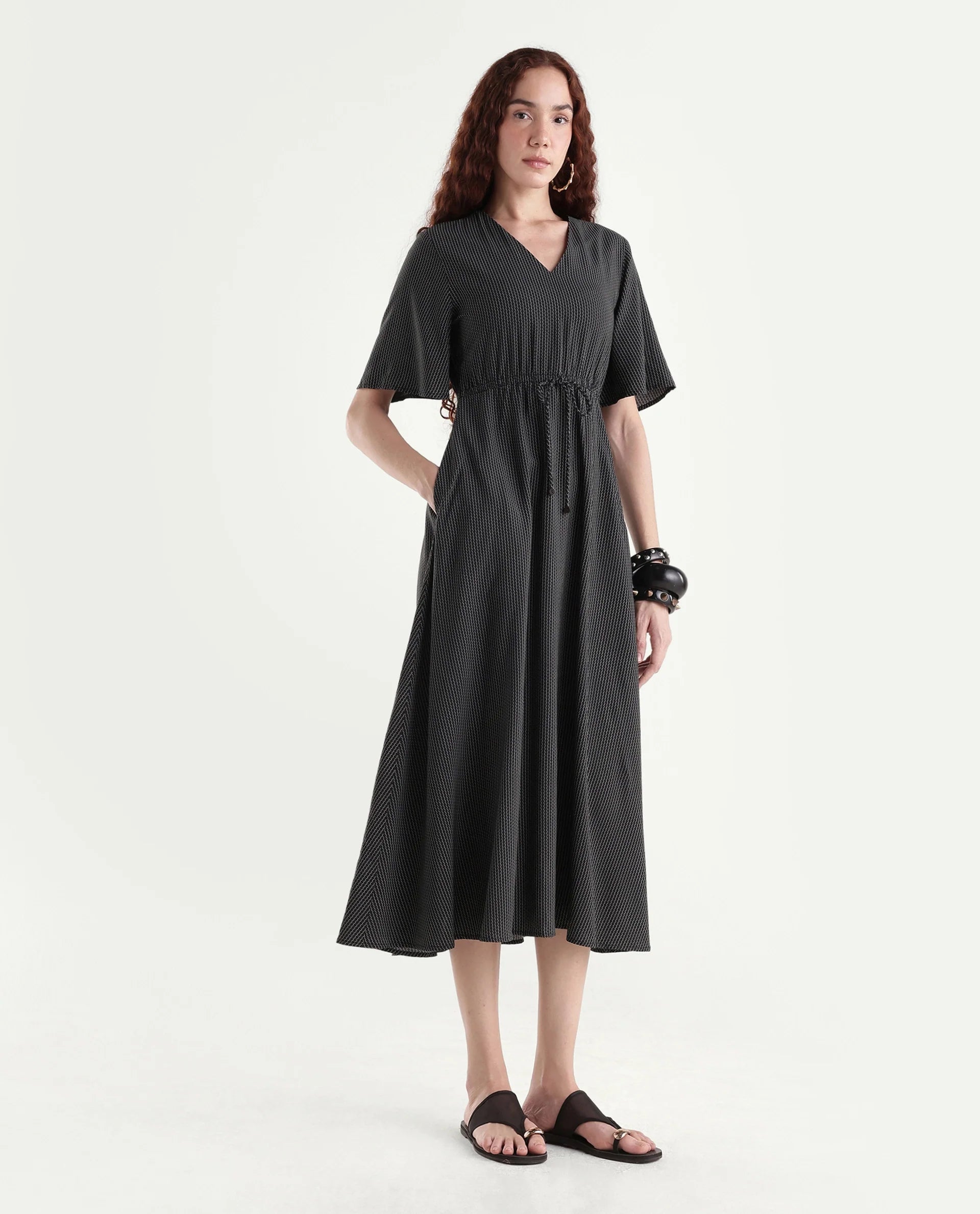 Rareism Women's Eloys Black Viscose V-Neck Flared Printed Midi Dress