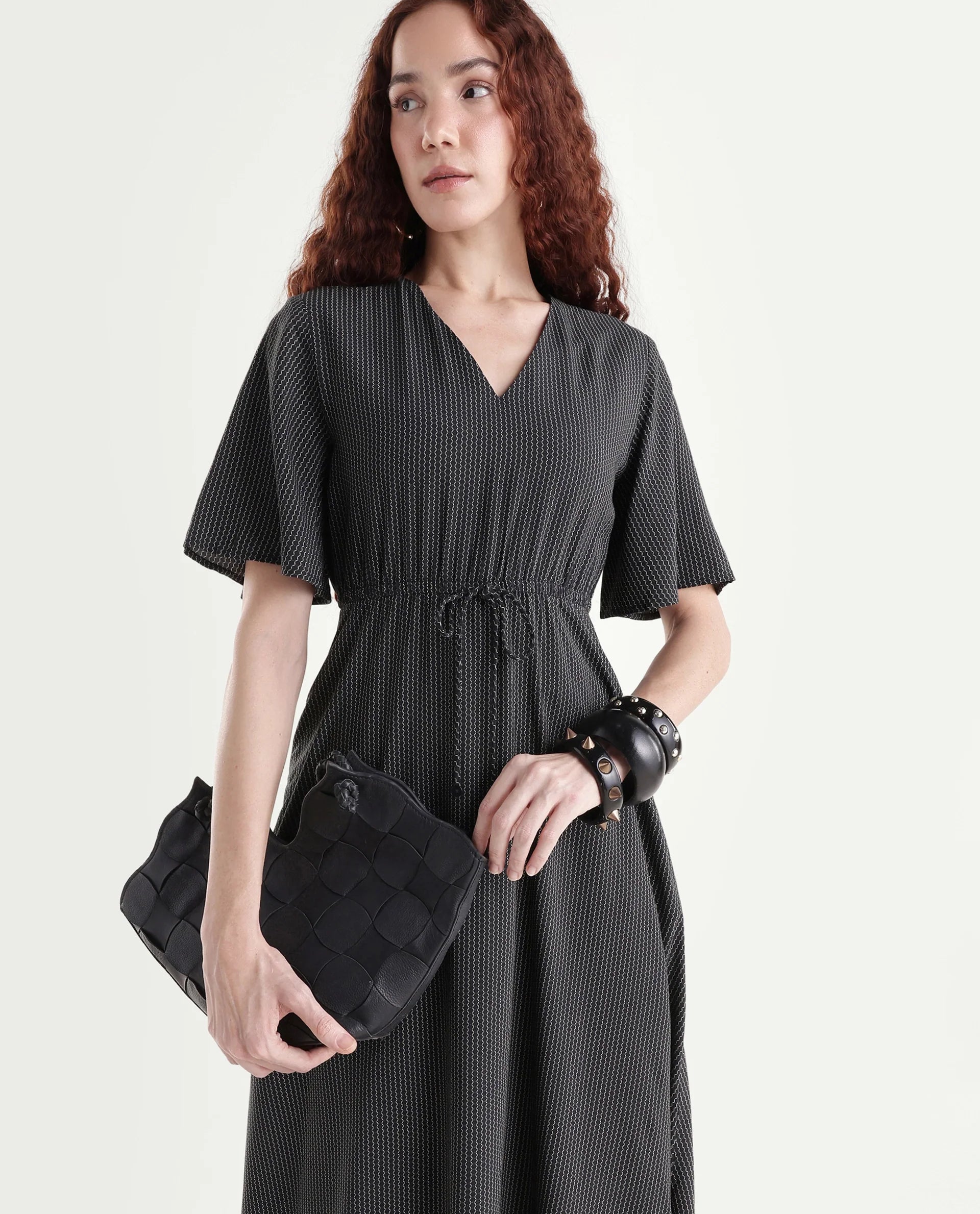 Rareism Women's Eloys Black Viscose V-Neck Flared Printed Midi Dress