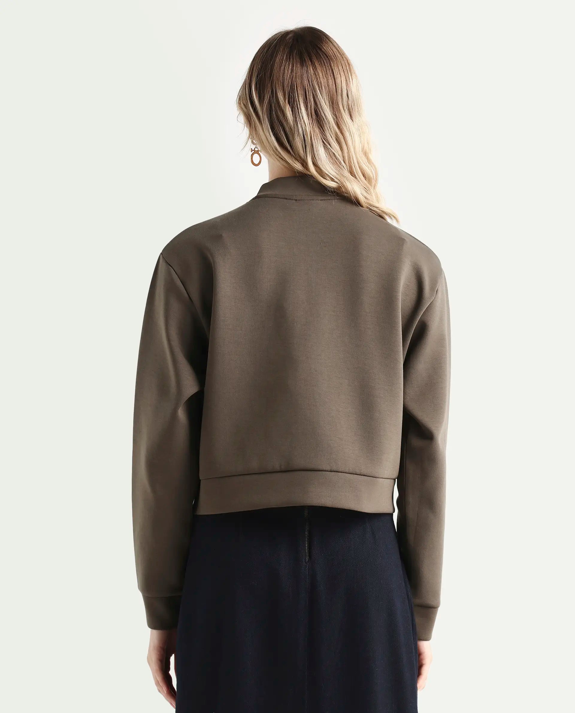 Rareism Women's Nitt Olive Cotton Blend Stand Collar Regular Fit Jacket