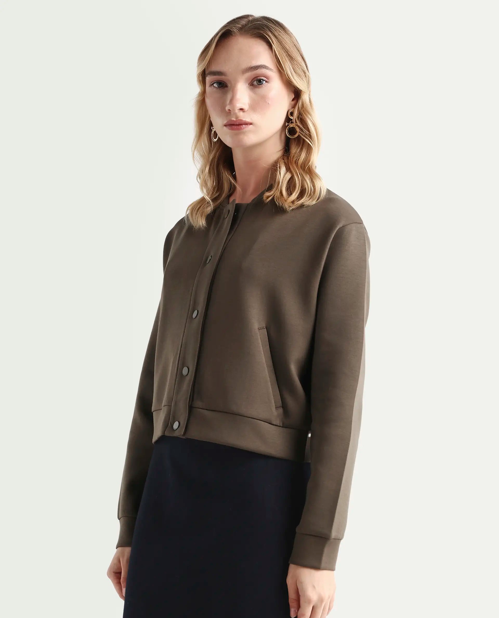 Rareism Women's Nitt Olive Cotton Blend Stand Collar Regular Fit Jacket