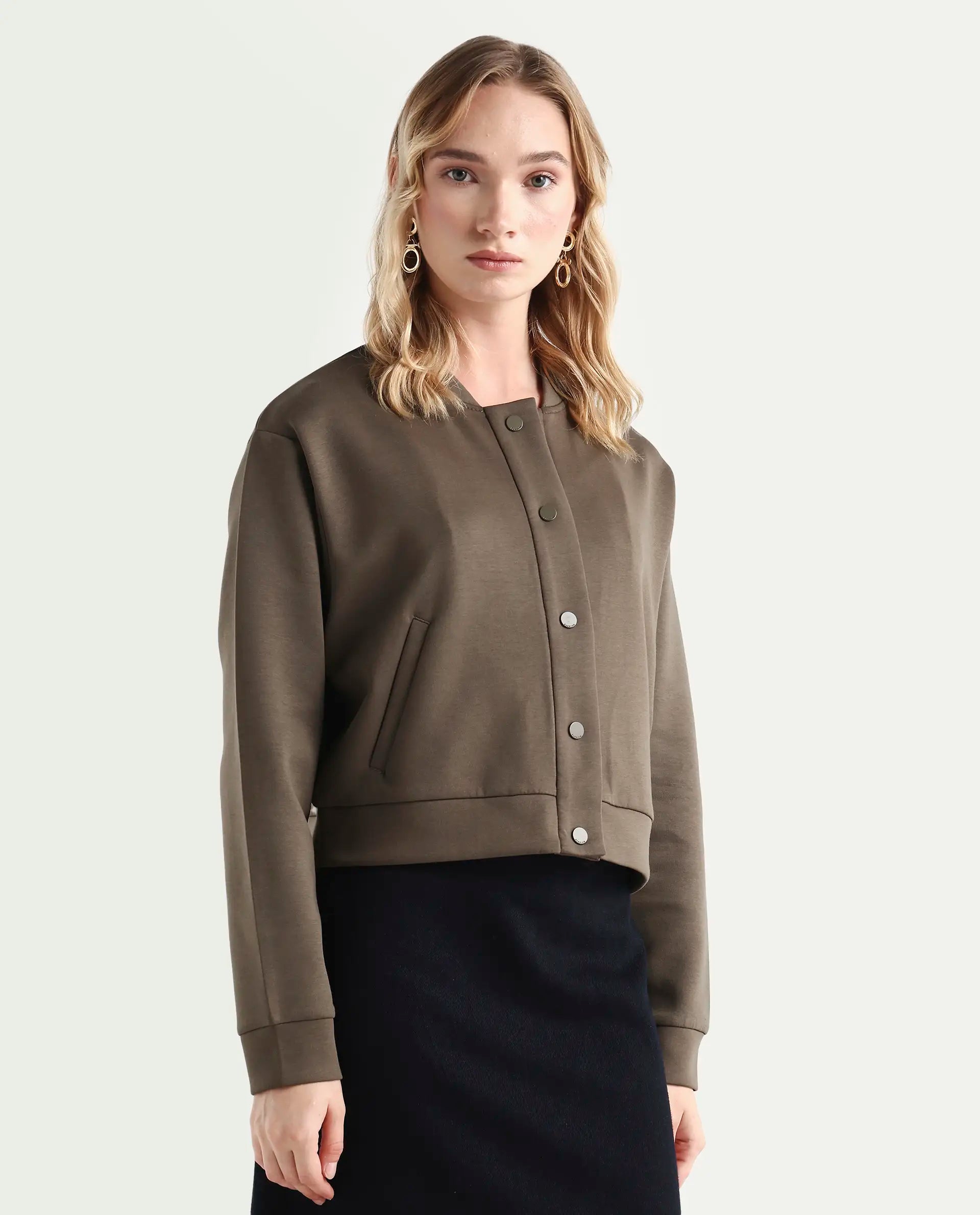 Rareism Women's Nitt Olive Cotton Blend Stand Collar Regular Fit Jacket