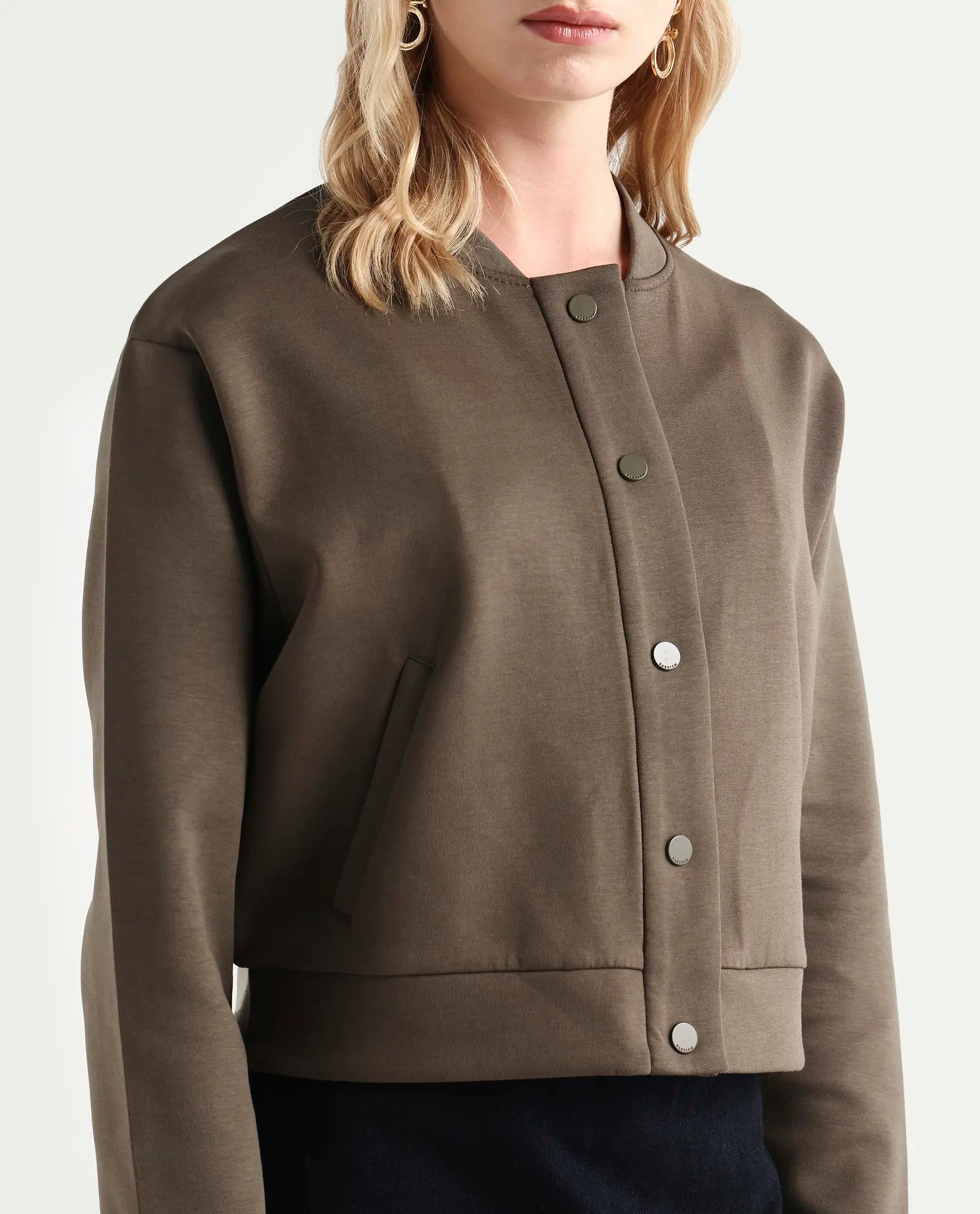 Rareism Women's Nitt Olive Cotton Blend Stand Collar Regular Fit Jacket