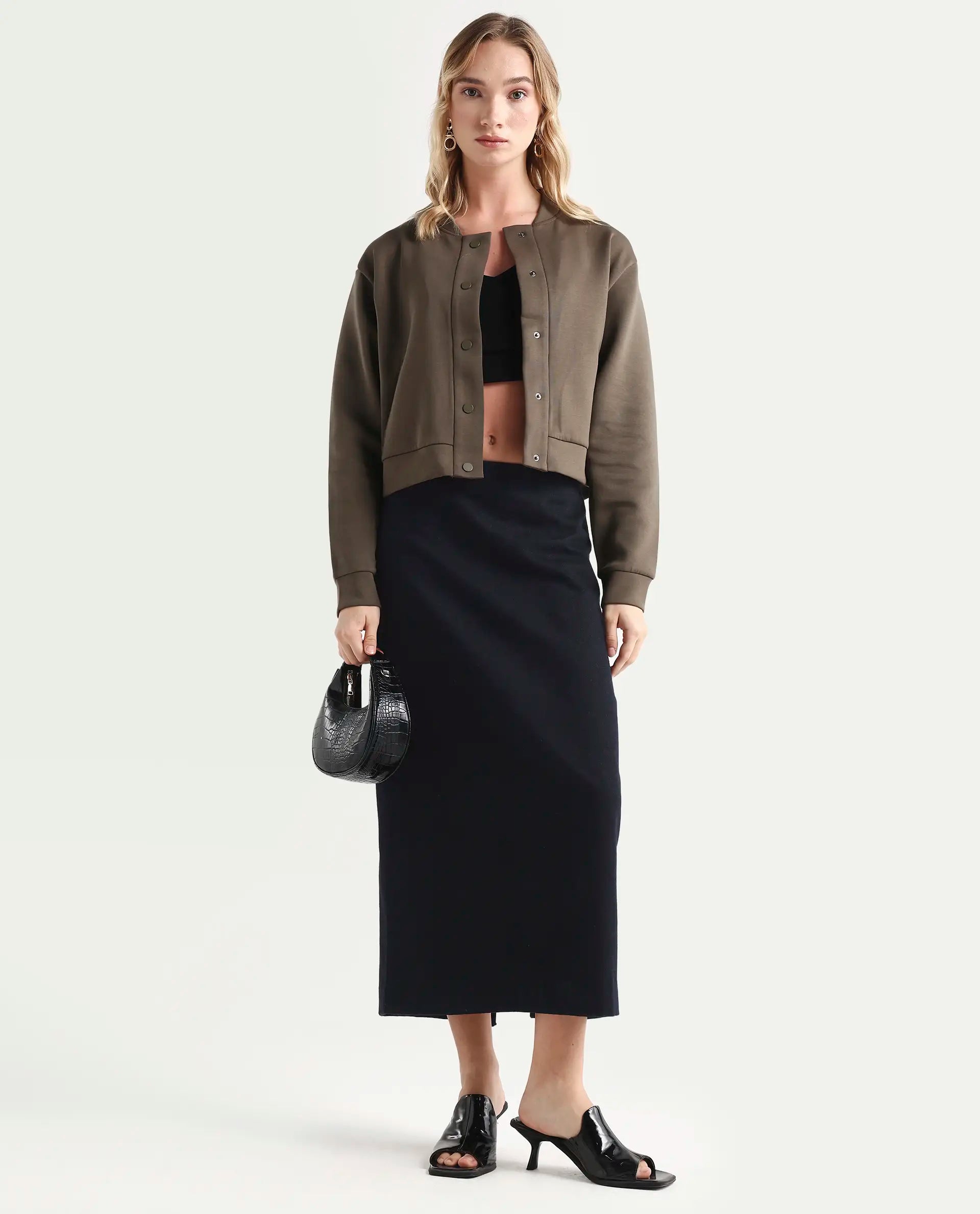 Rareism Women's Nitt Olive Cotton Blend Stand Collar Regular Fit Jacket