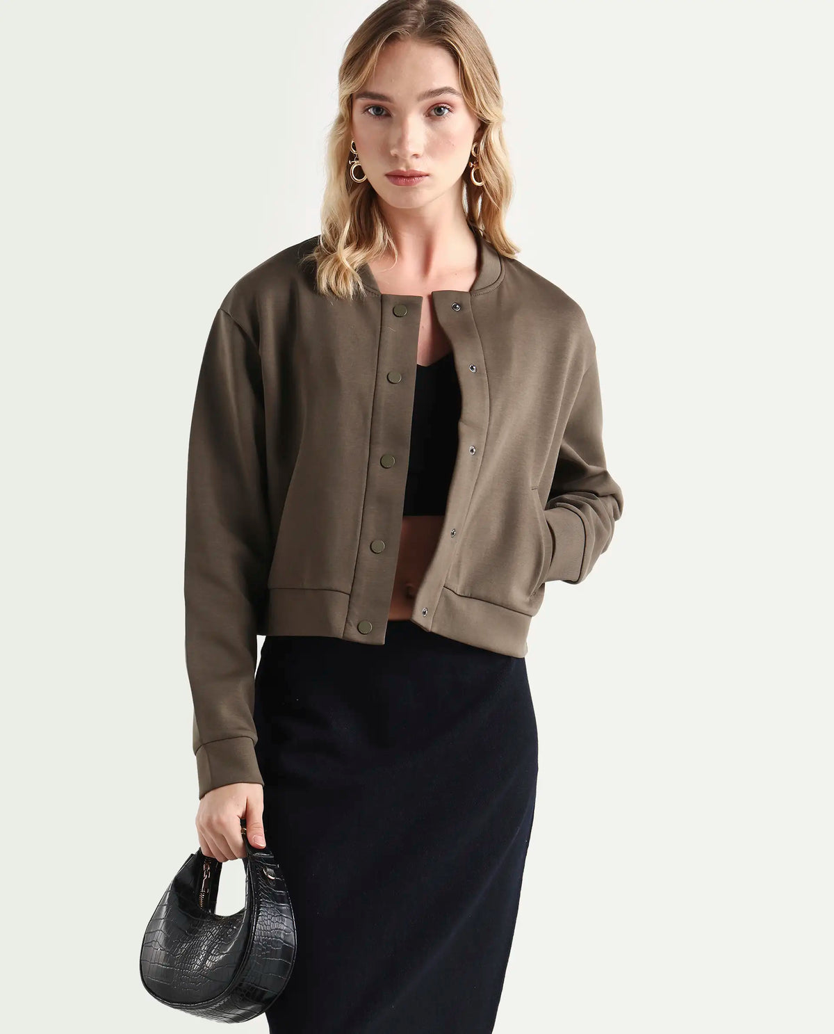 Rareism Women's Nitt Olive Cotton Blend Stand Collar Regular Fit Jacket