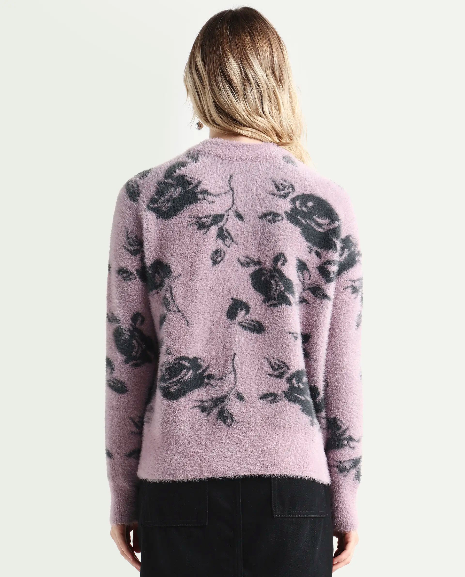 Rareism Women's Rozie Light Pink Nylon Crew Neck Relaxed Fit Sweater