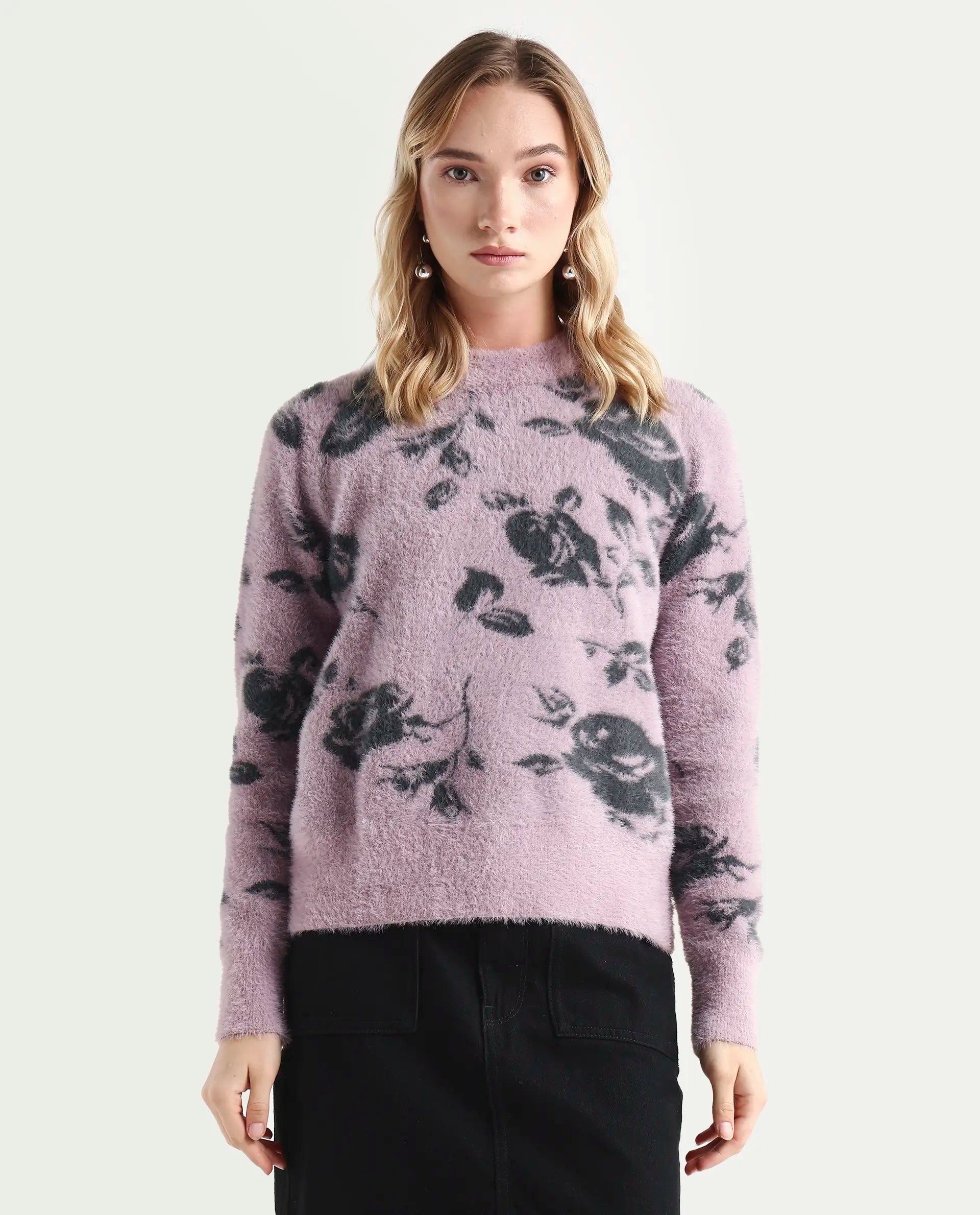 Rareism Women's Rozie Light Pink Nylon Crew Neck Relaxed Fit Sweater