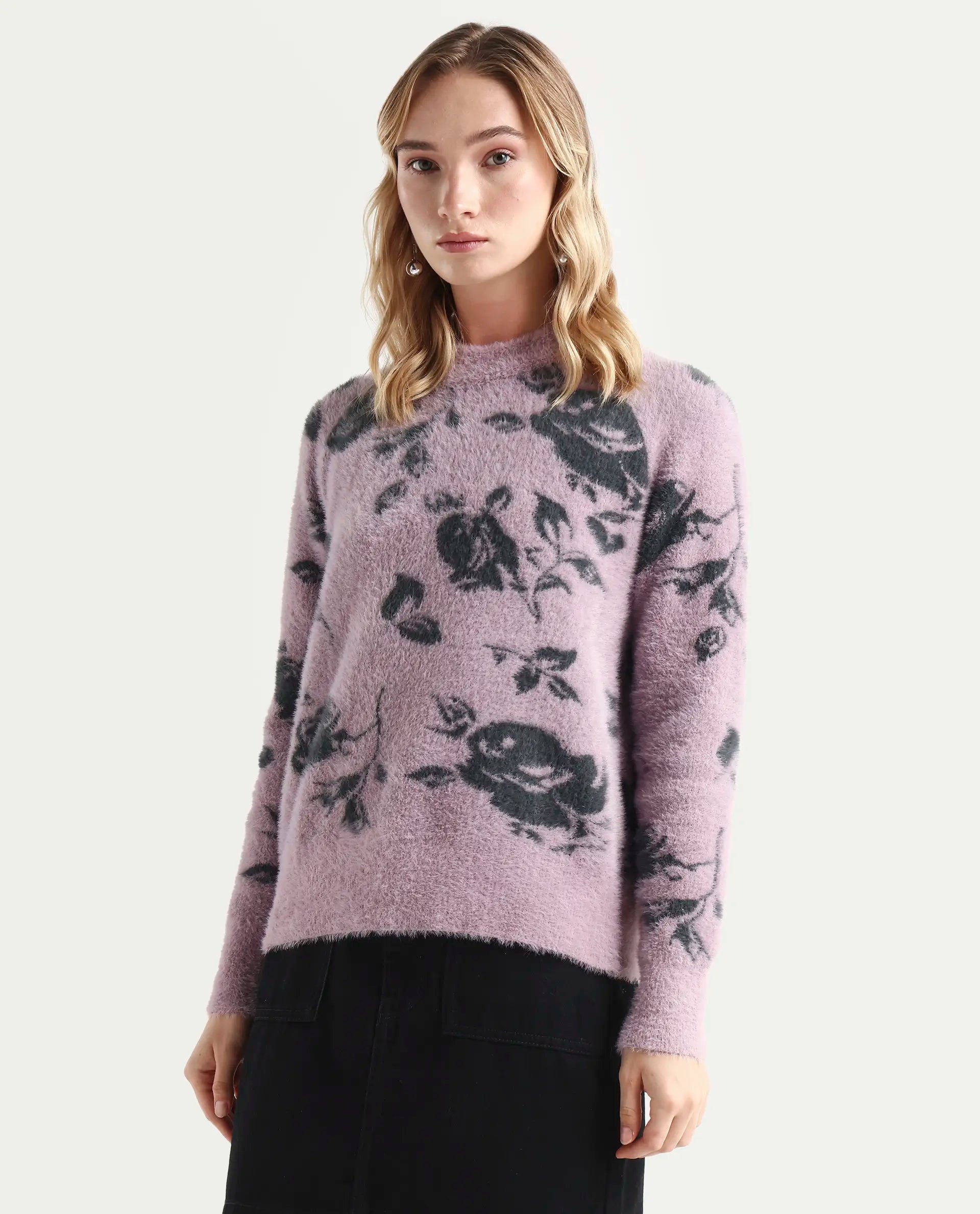 Rareism Women's Rozie Light Pink Nylon Crew Neck Relaxed Fit Sweater