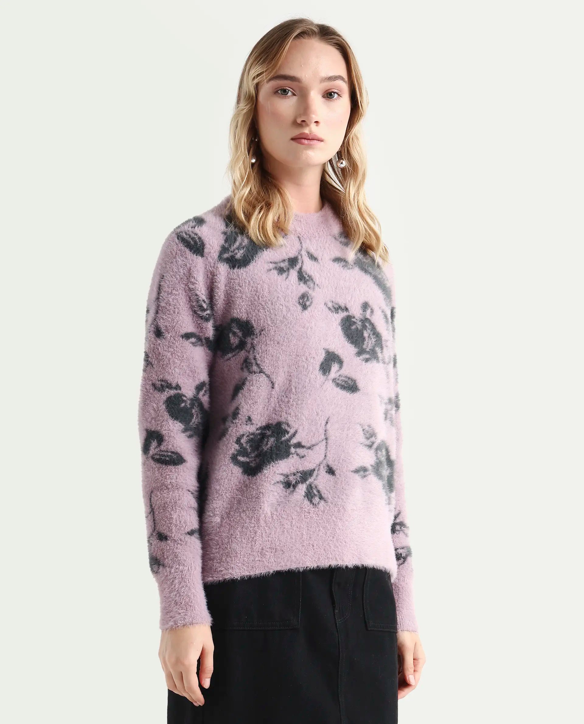 Rareism Women's Rozie Light Pink Nylon Crew Neck Relaxed Fit Sweater