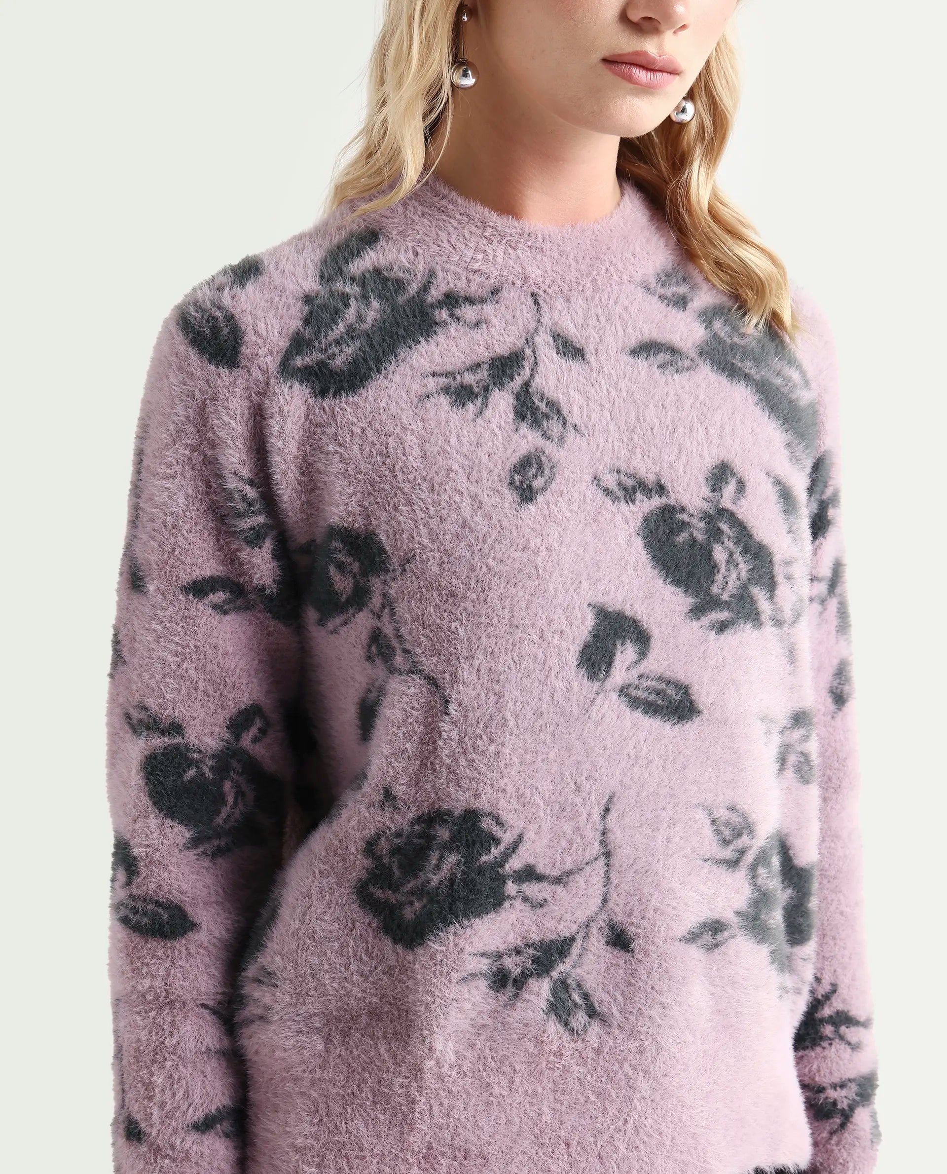 Rareism Women's Rozie Light Pink Nylon Crew Neck Relaxed Fit Sweater