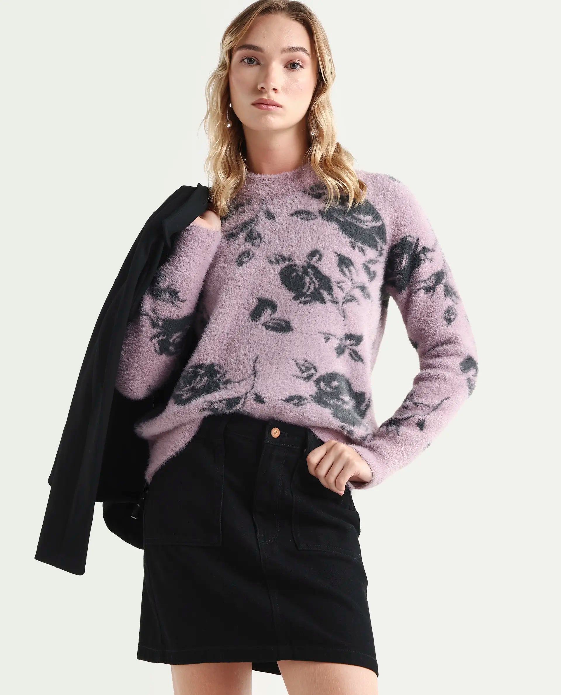 Rareism Women's Rozie Light Pink Nylon Crew Neck Relaxed Fit Sweater