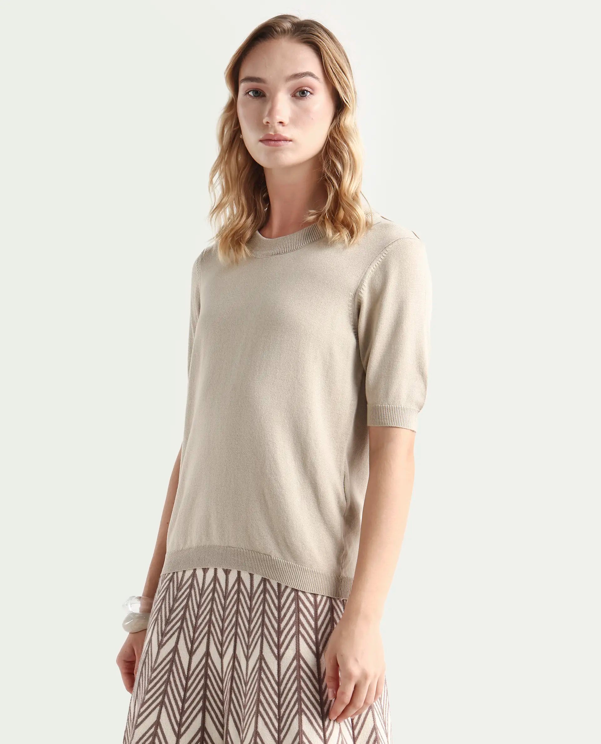 Rareism Women's Rohrdo Light Beige Viscose Blend Crew Neck Regular Fit Plain Sweater