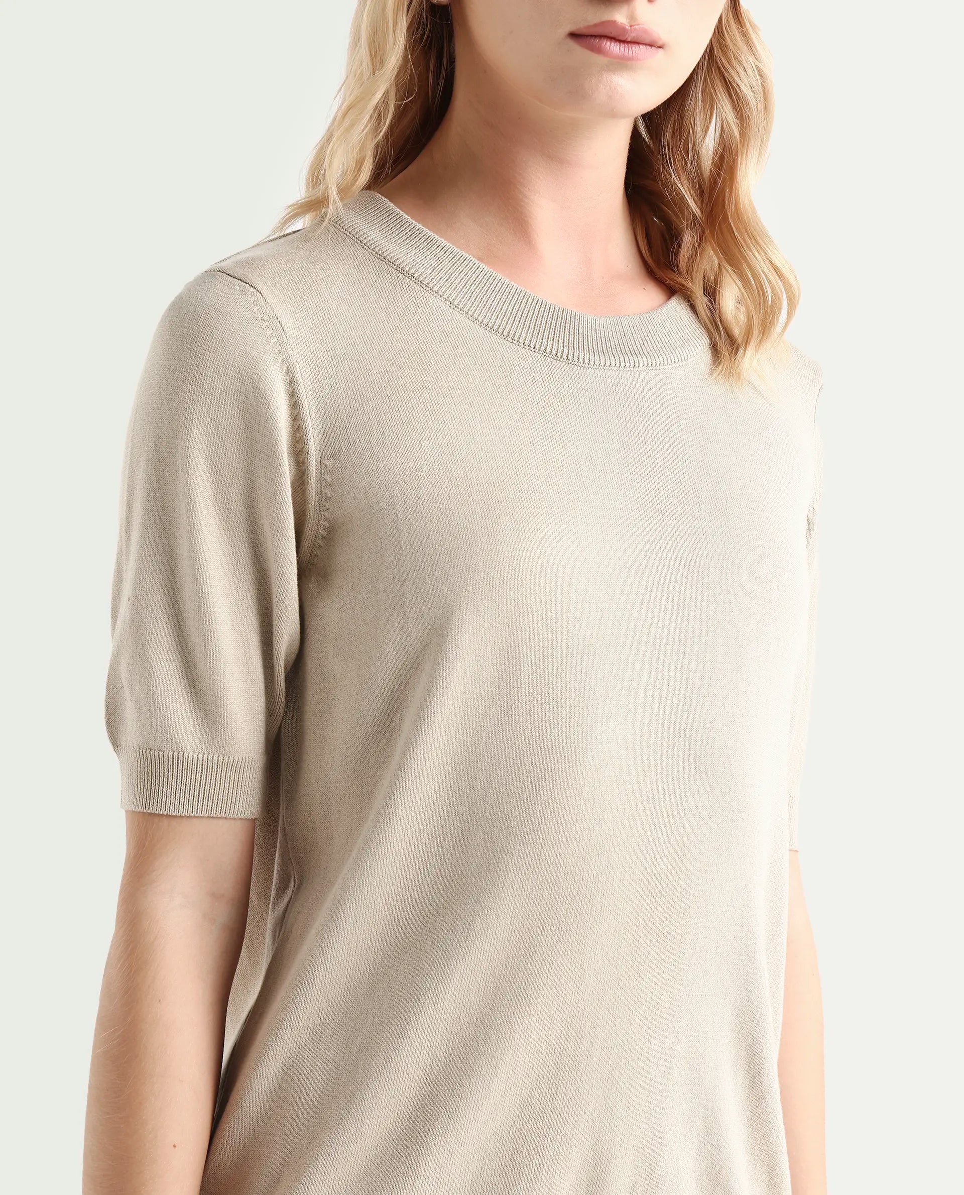 Rareism Women's Rohrdo Light Beige Viscose Blend Crew Neck Regular Fit Plain Sweater