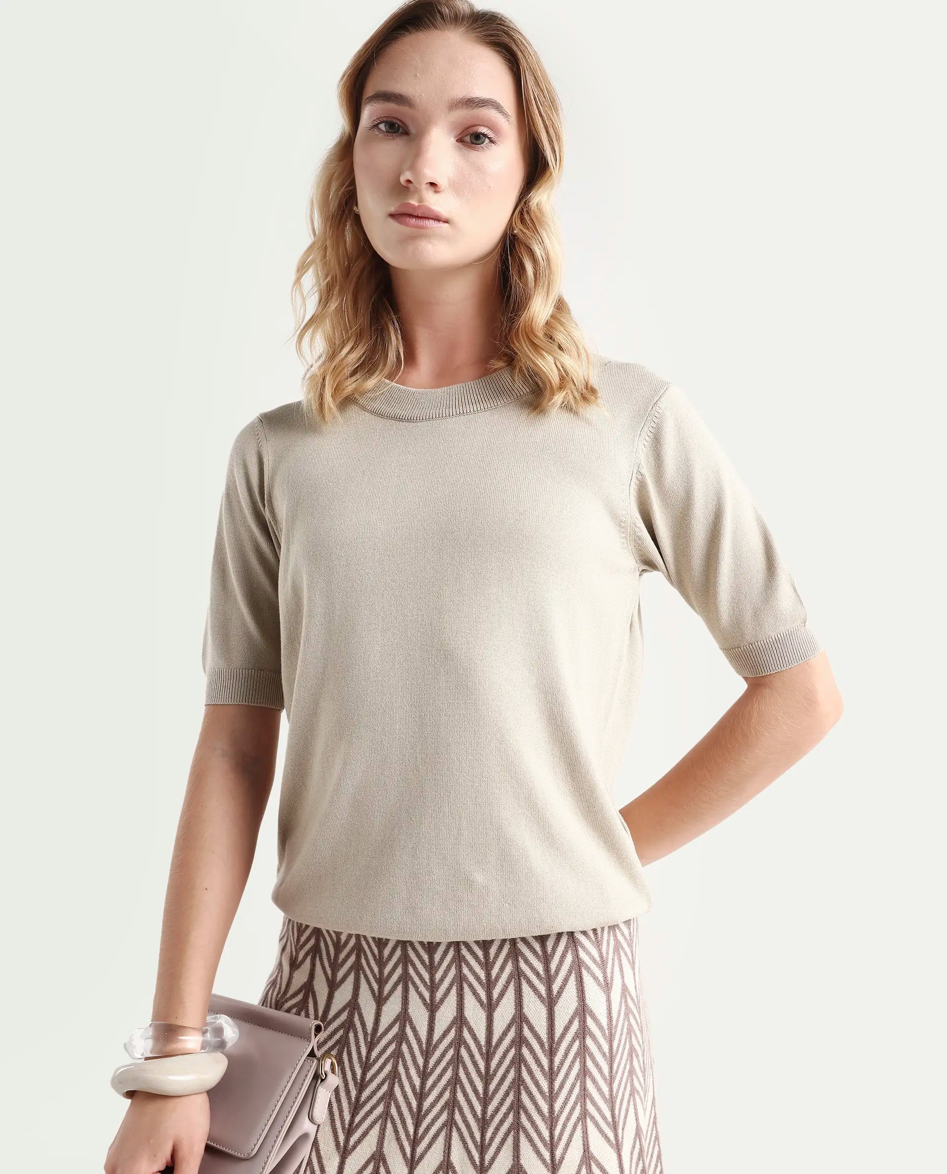Rareism Women's Rohrdo Light Beige Viscose Blend Crew Neck Regular Fit Plain Sweater