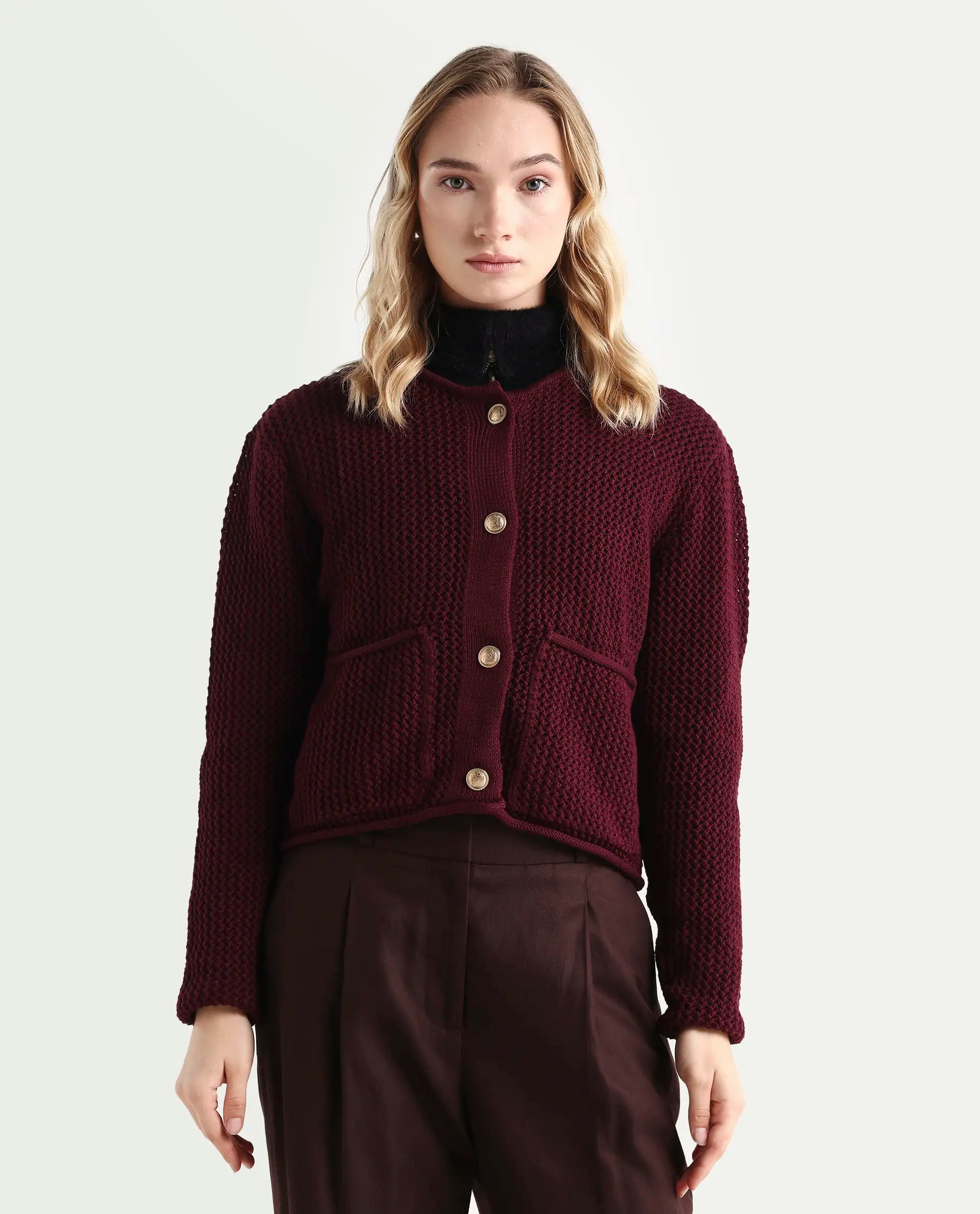 Rareism Women's Chetza Dark Maroon Cotton Crew Neck Relaxed Fit Cardigan