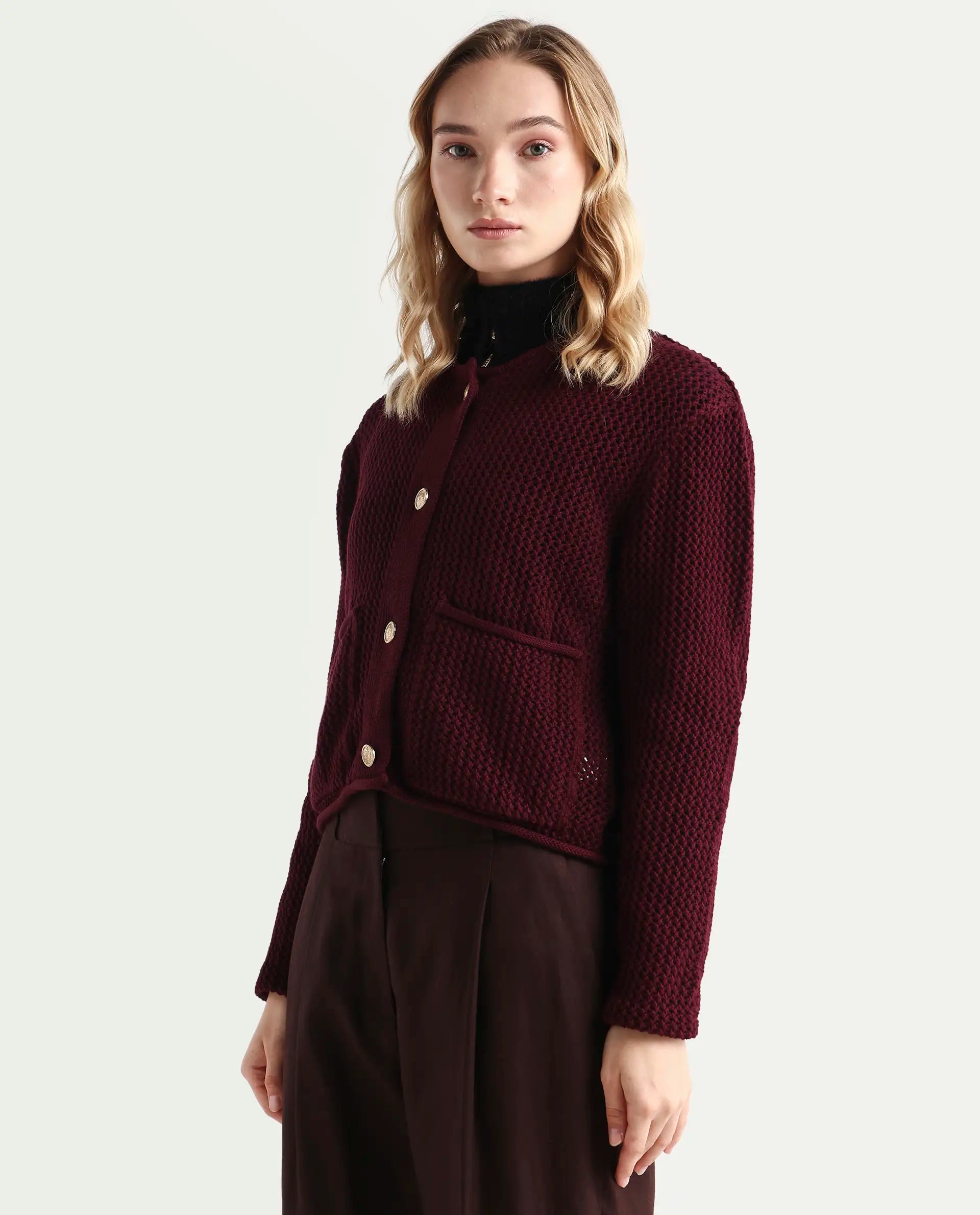 Rareism Women's Chetza Dark Maroon Cotton Crew Neck Relaxed Fit Cardigan