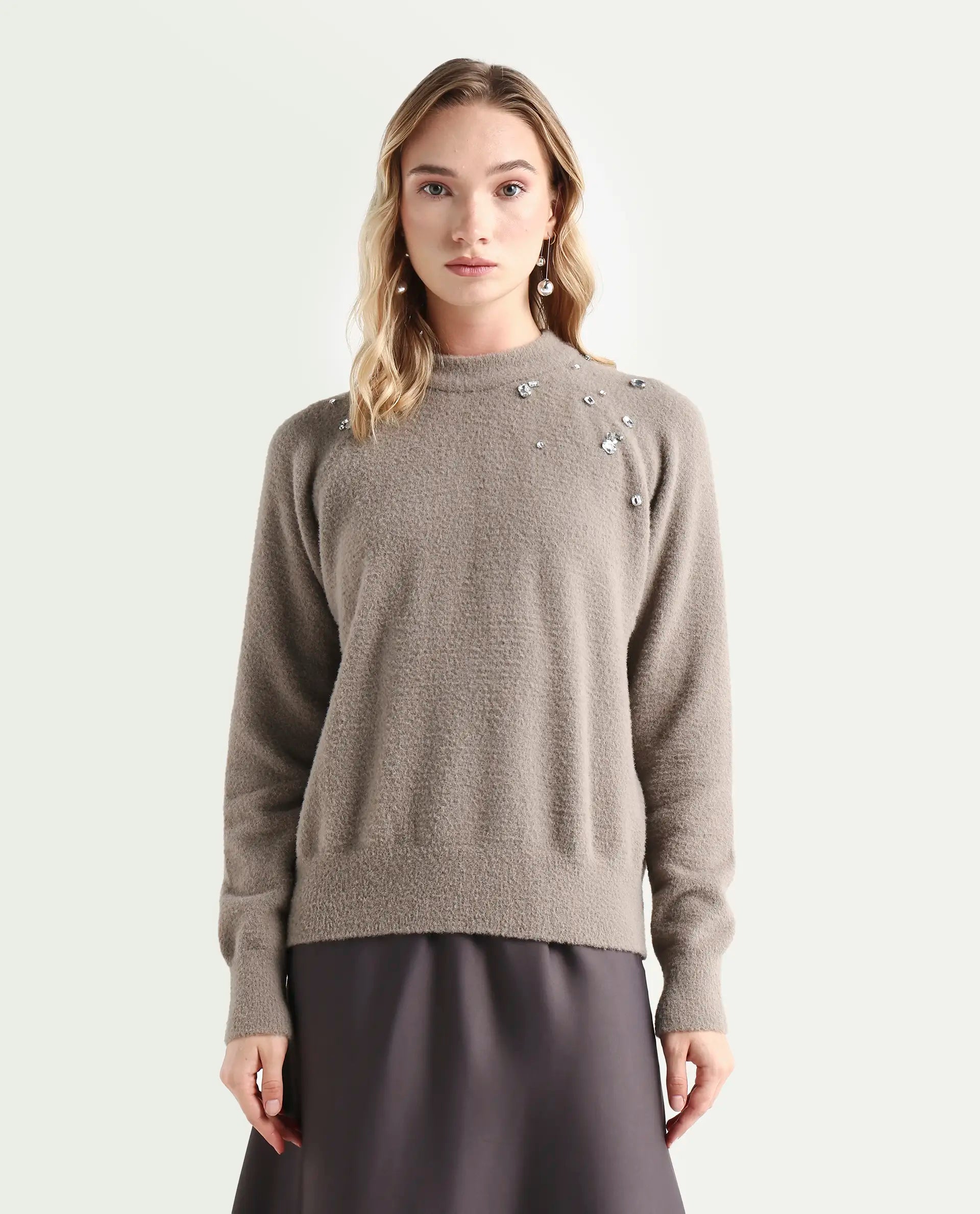 Rareism Women's Jade Dark Beige Nylon Crew Neck Relaxed Fit Sweater