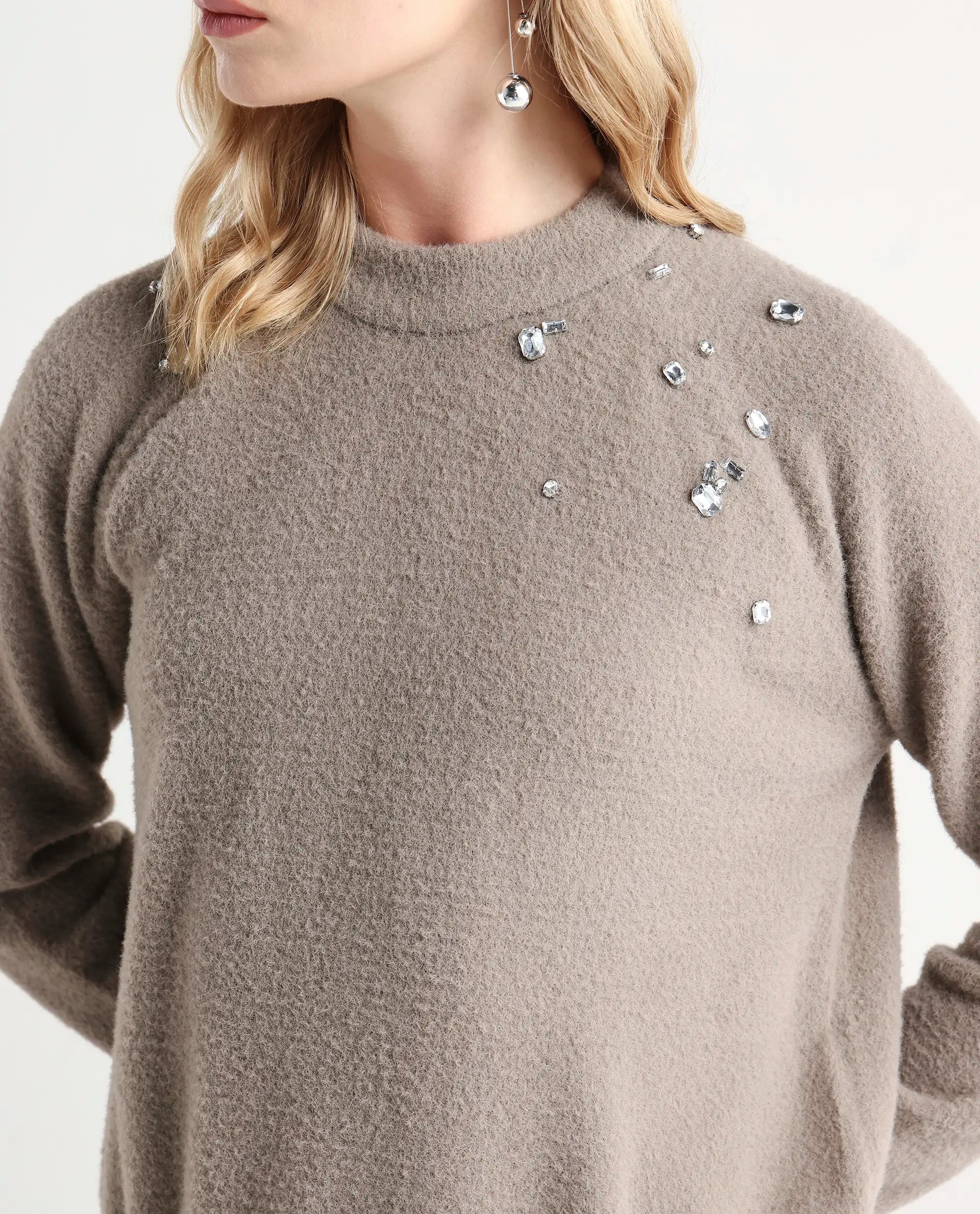 Rareism Women's Jade Dark Beige Nylon Crew Neck Relaxed Fit Sweater