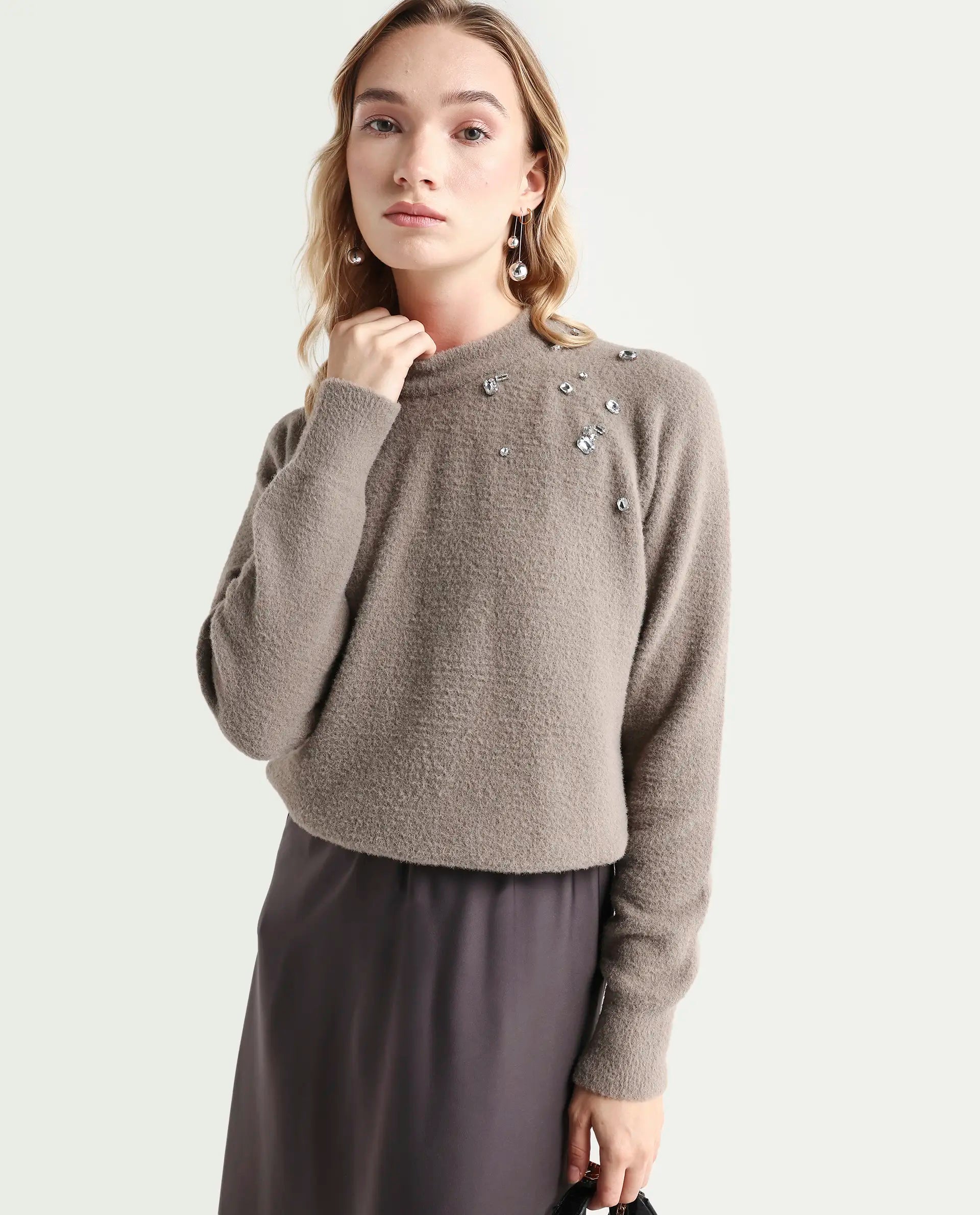 Rareism Women's Jade Dark Beige Nylon Crew Neck Relaxed Fit Sweater