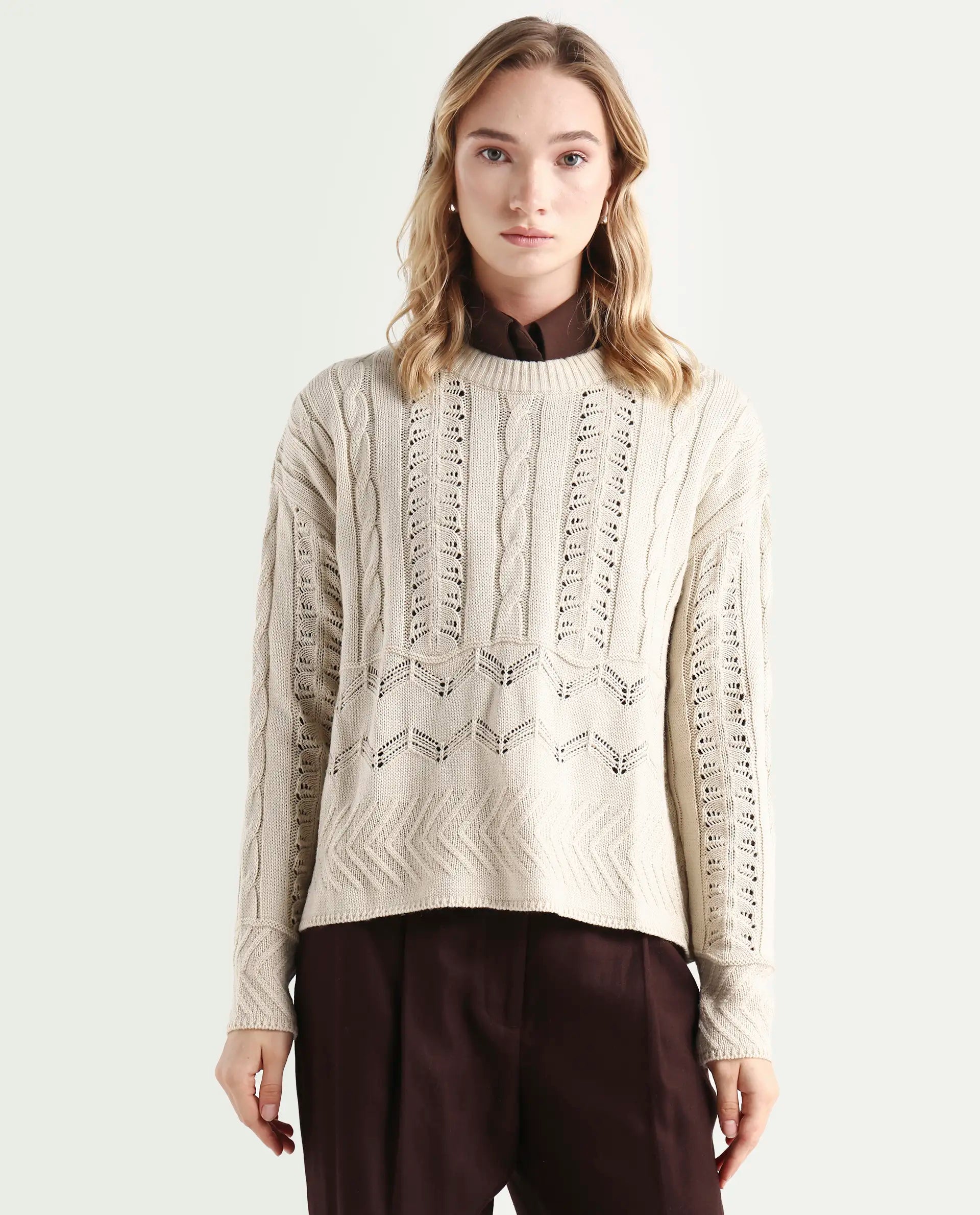 Rareism Women's Sabia Light Beige Acrylic Crew Neck Relaxed Fit Sweater