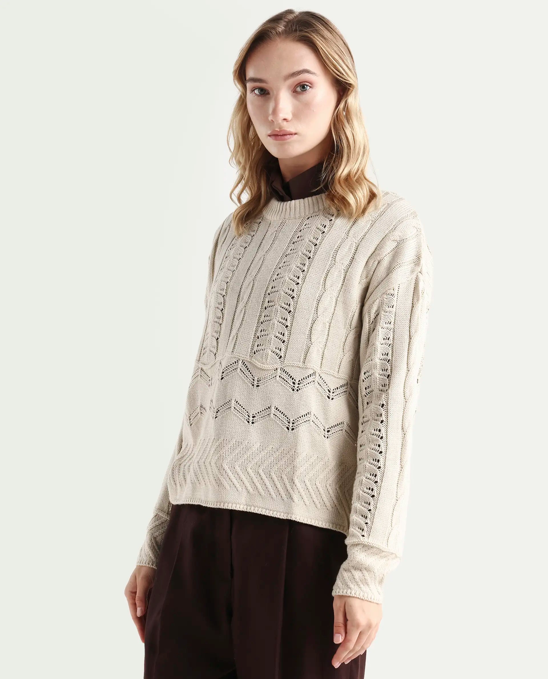 Rareism Women's Sabia Light Beige Acrylic Crew Neck Relaxed Fit Sweater