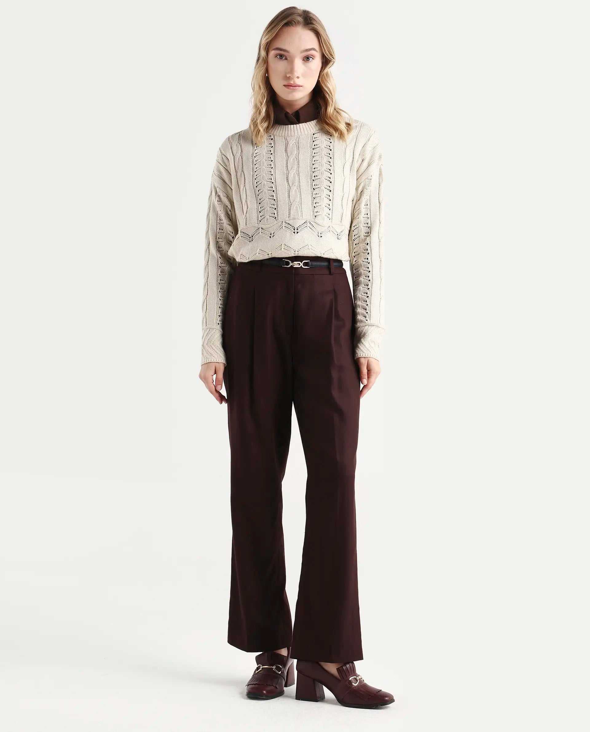 Rareism Women's Sabia Light Beige Acrylic Crew Neck Relaxed Fit Sweater