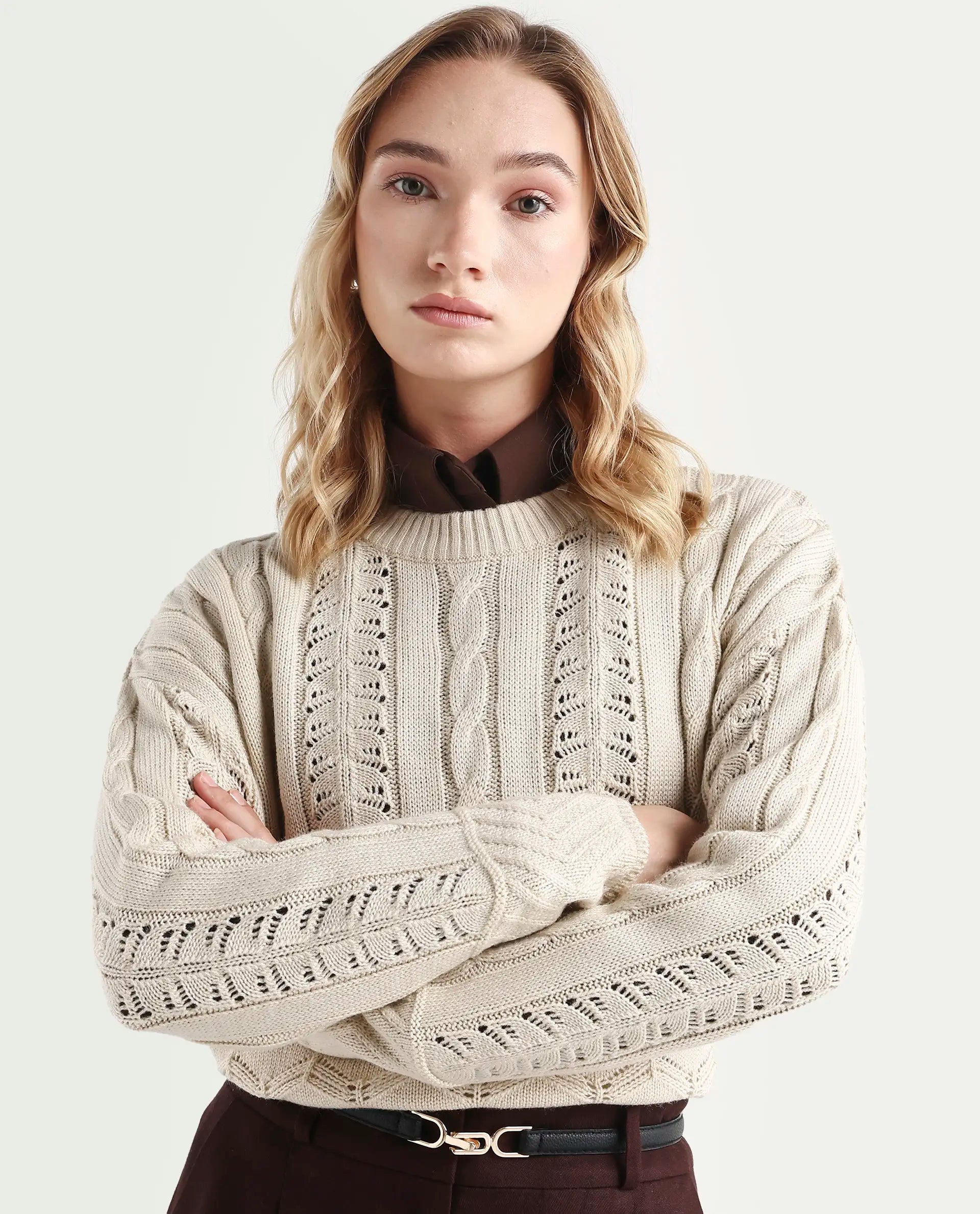 Rareism Women's Sabia Light Beige Acrylic Crew Neck Relaxed Fit Sweater