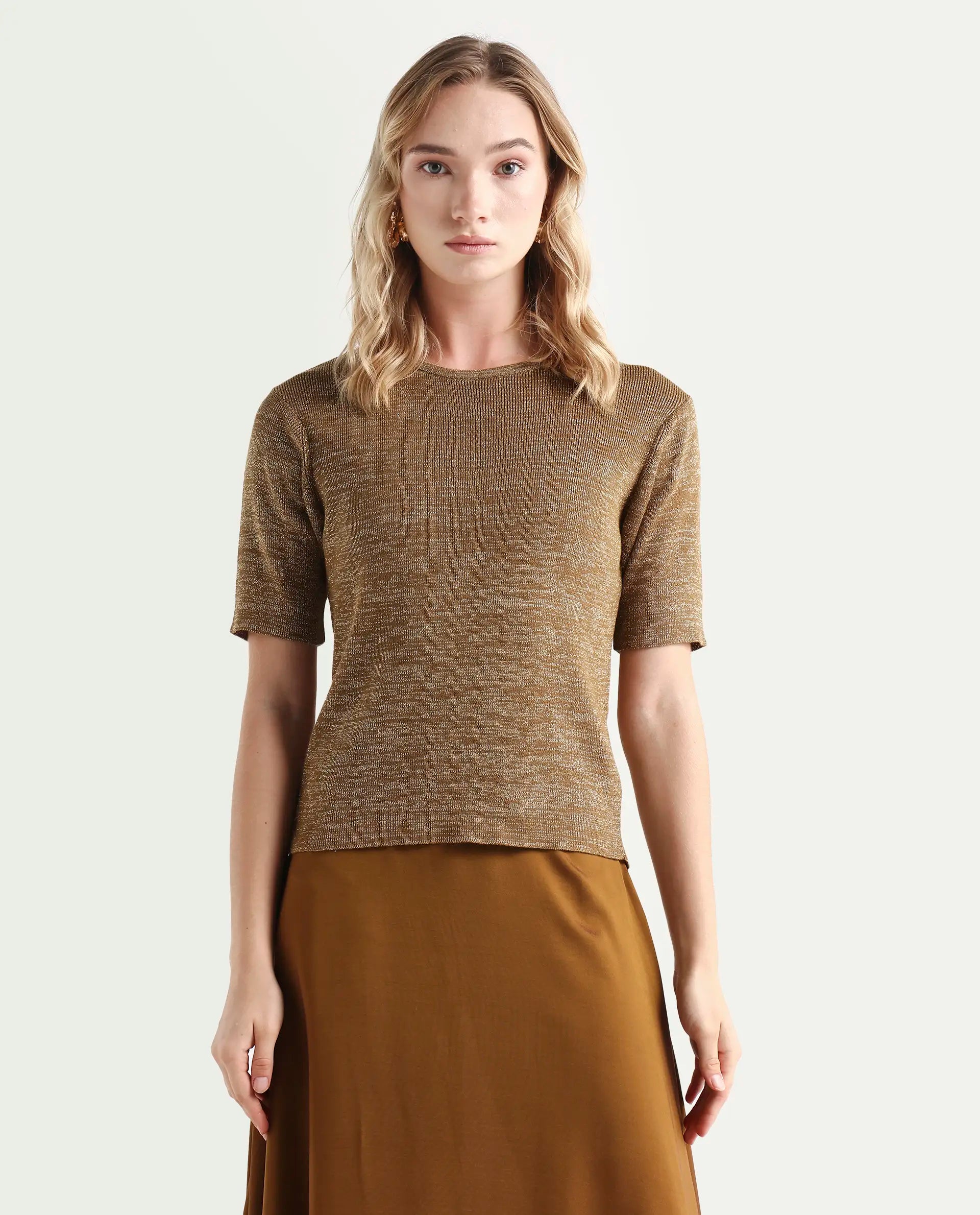 Rareism Women's Frellic Metalic Gold Cotton Blend Crew Neck Regular Fit Plain Top