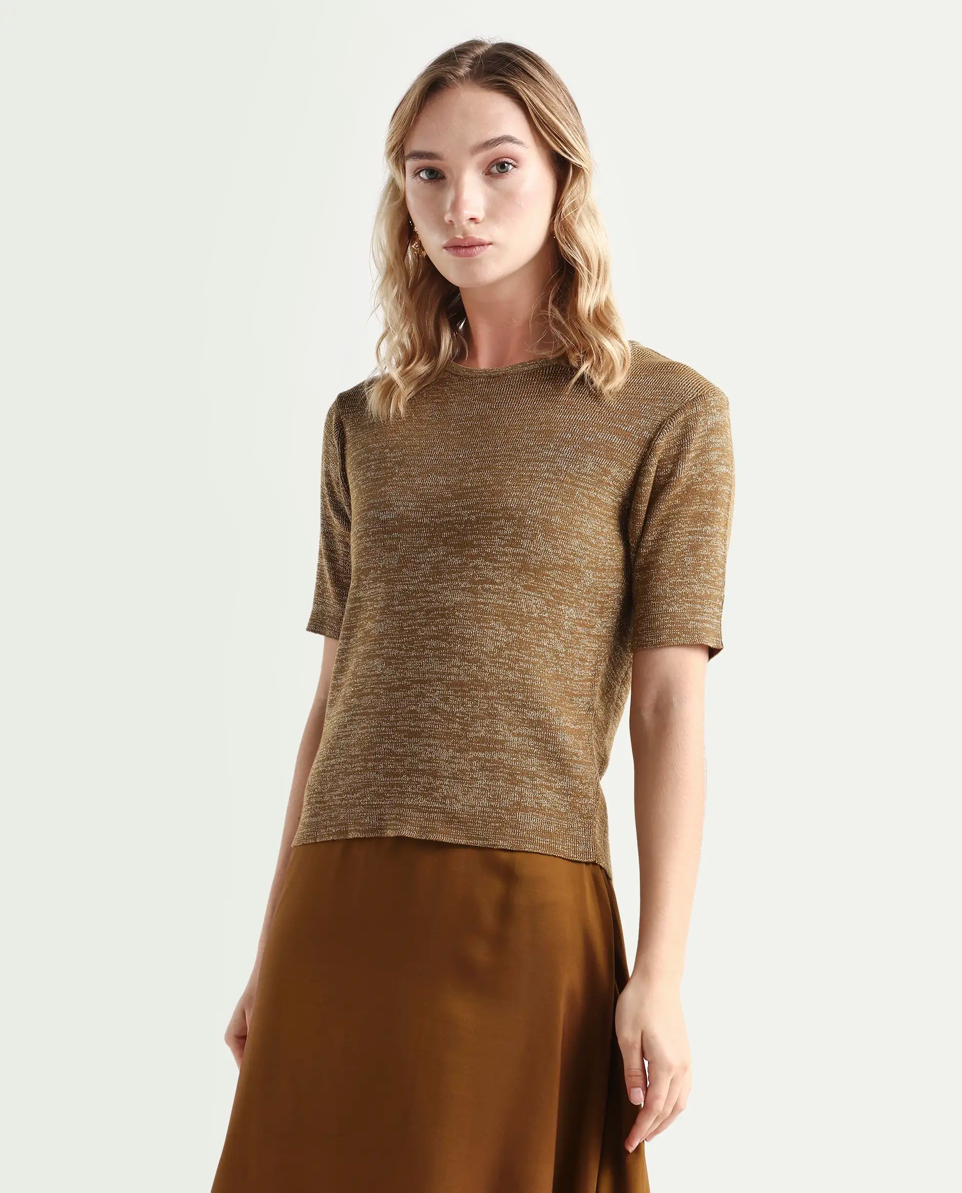 Rareism Women's Frellic Metalic Gold Cotton Blend Crew Neck Regular Fit Plain Top