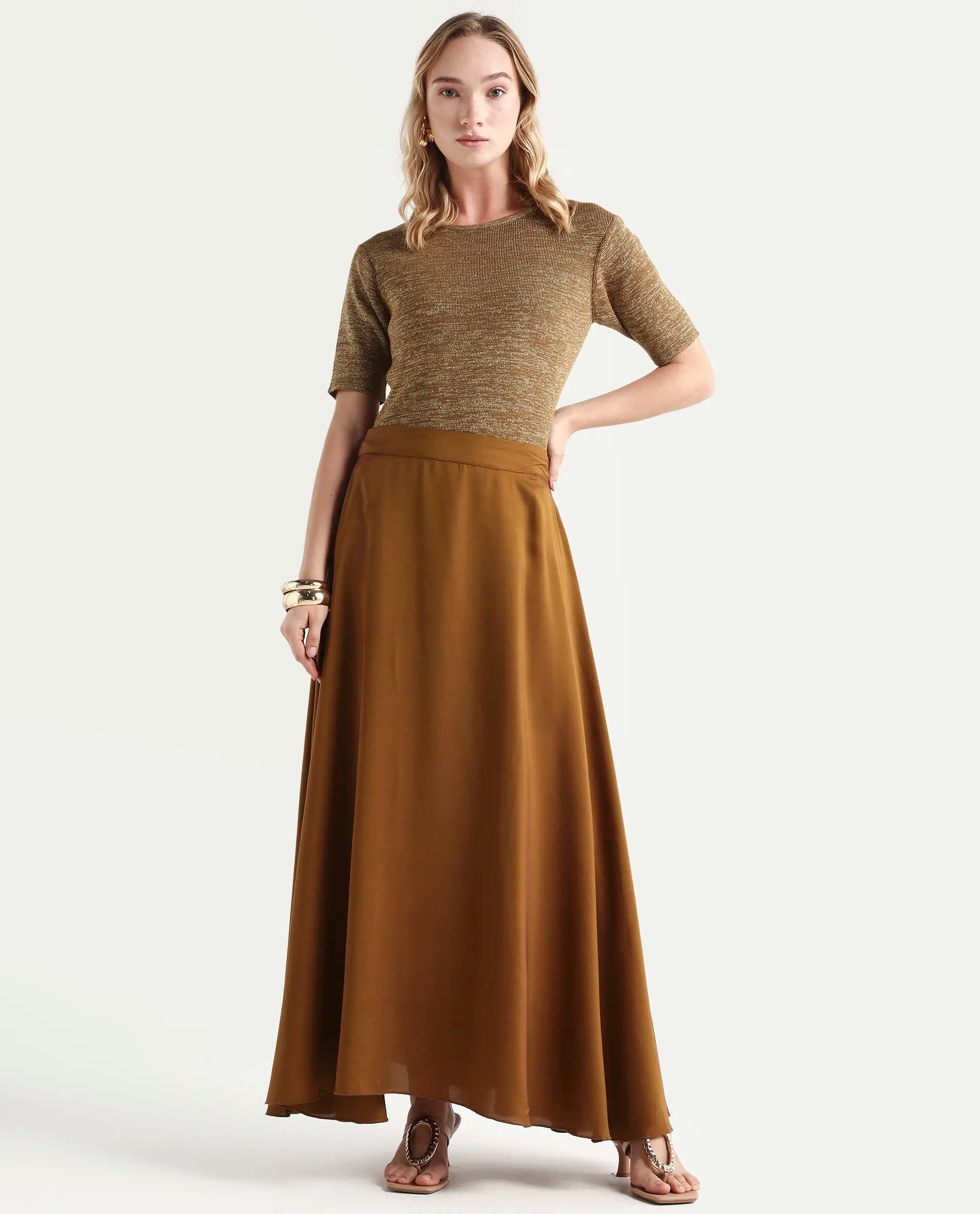 Rareism Women's Frellic Metalic Gold Cotton Blend Crew Neck Regular Fit Plain Top