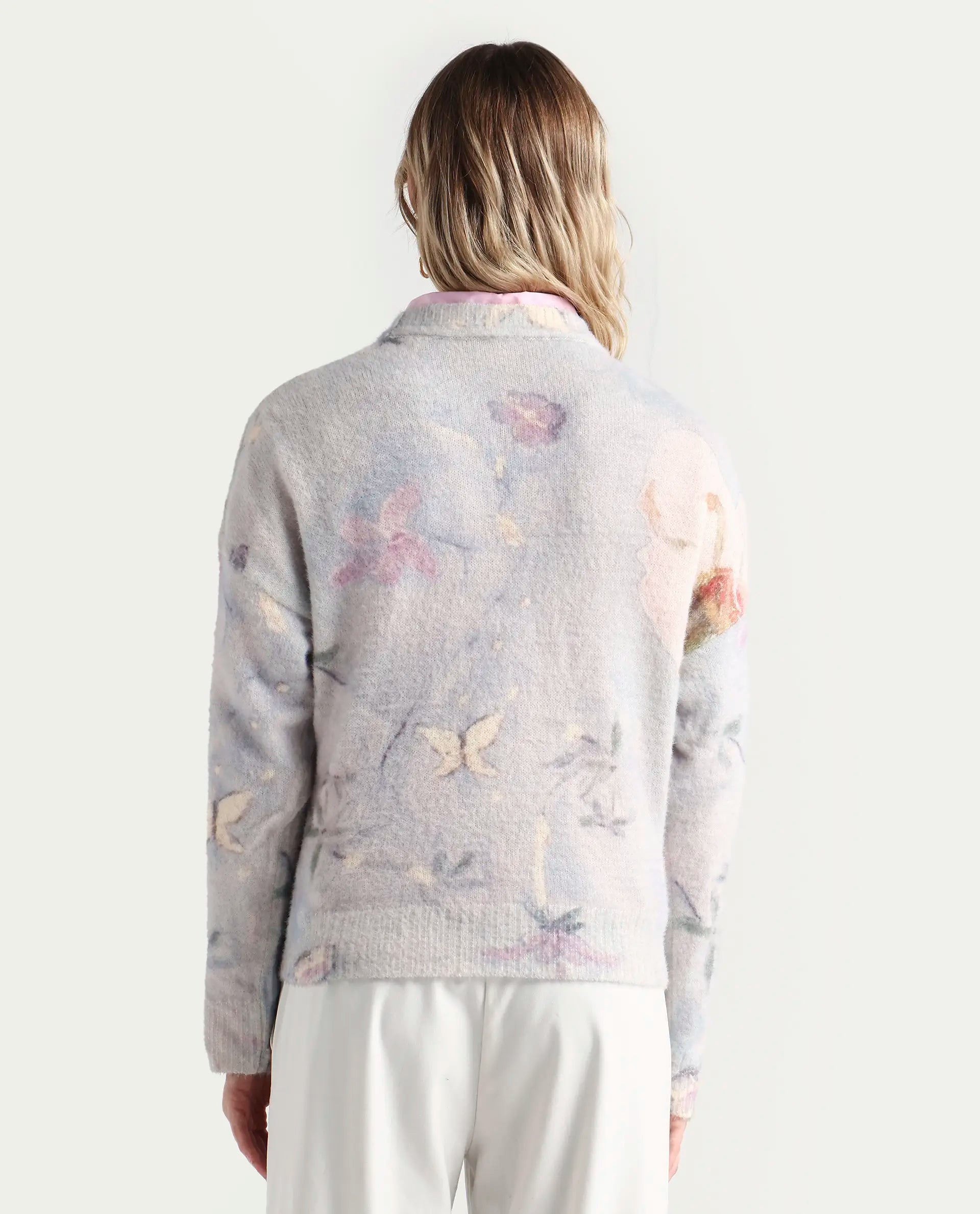 Rareism Women's Siriko Light Multi Acrylic Blend Crew Neck Floral Print Relaxed Fit Sweater