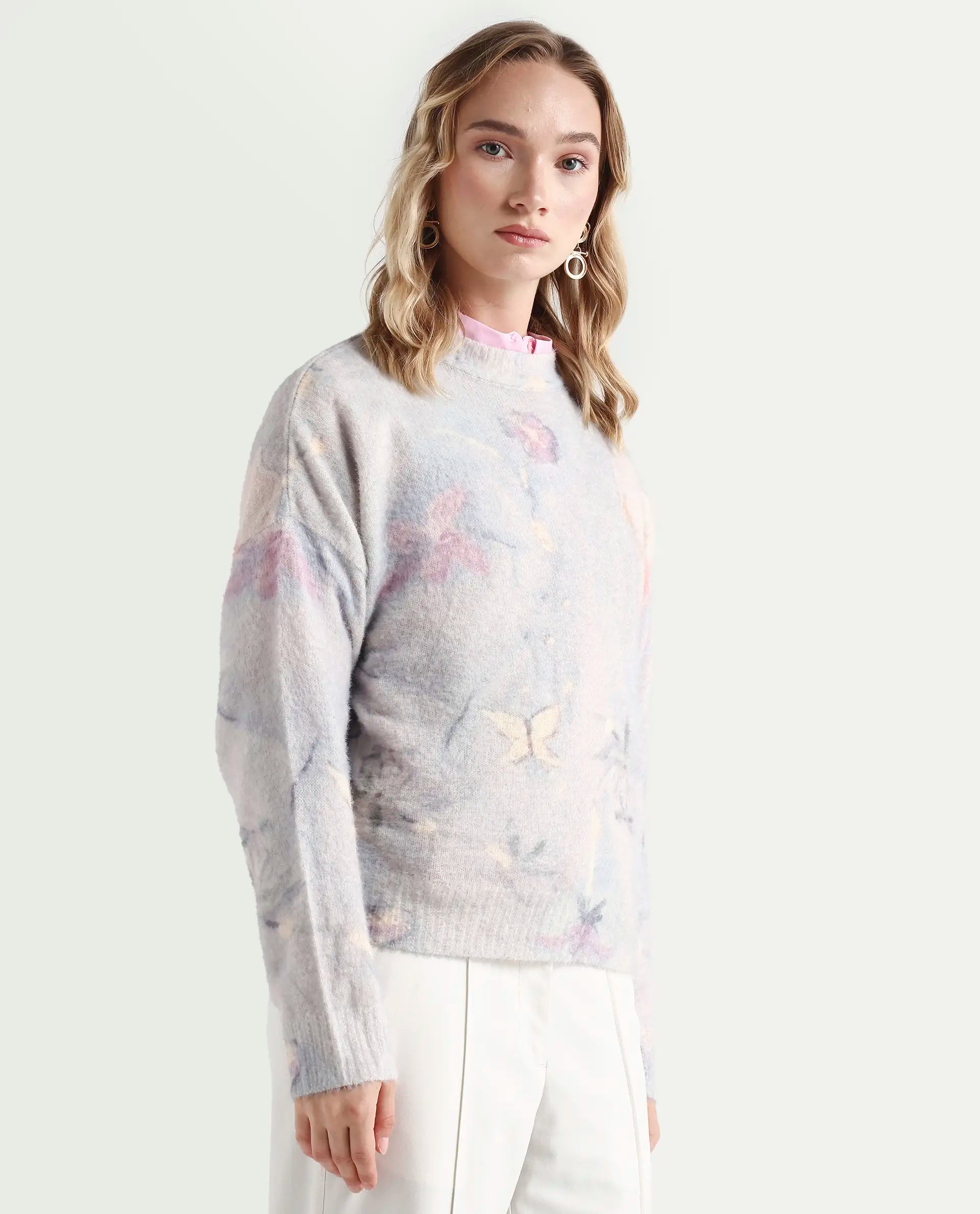 Rareism Women's Siriko Light Multi Acrylic Blend Crew Neck Floral Print Relaxed Fit Sweater