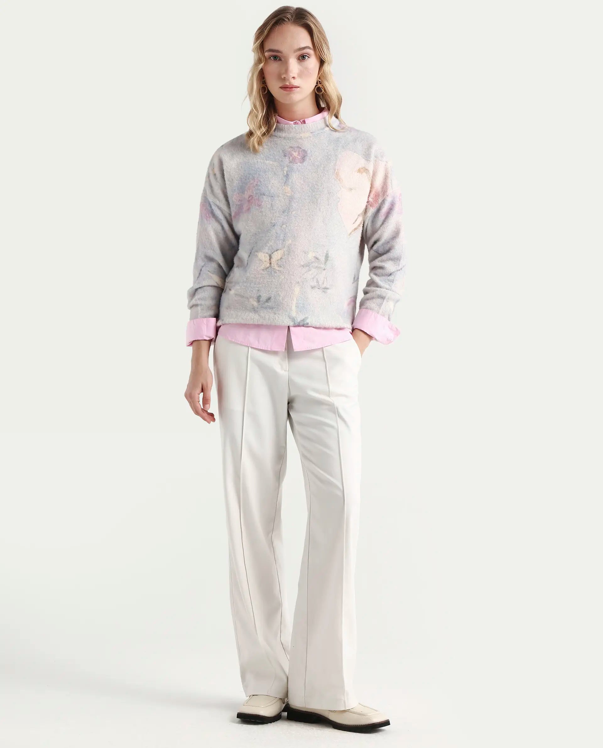 Rareism Women's Siriko Light Multi Acrylic Blend Crew Neck Floral Print Relaxed Fit Sweater