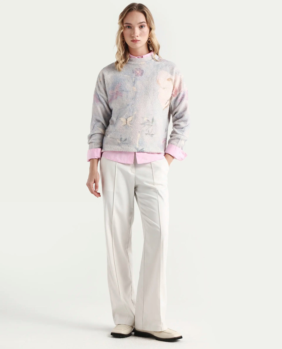 Rareism Women's Siriko Light Multi Acrylic Blend Crew Neck Floral Print Relaxed Fit Sweater