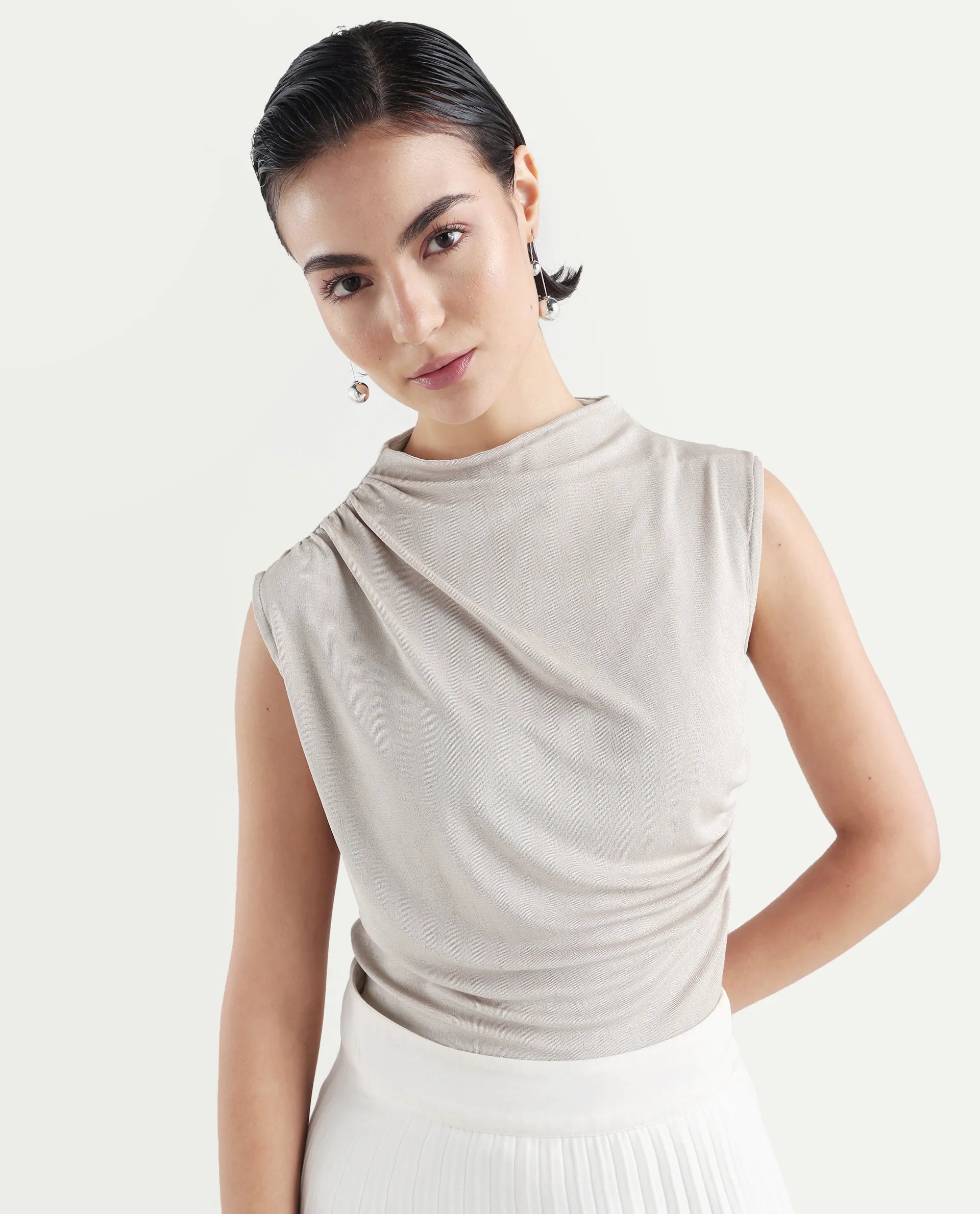 Rareism Women's Zoptus Light Beige Cotton High Neck Regular Fit Plain Top