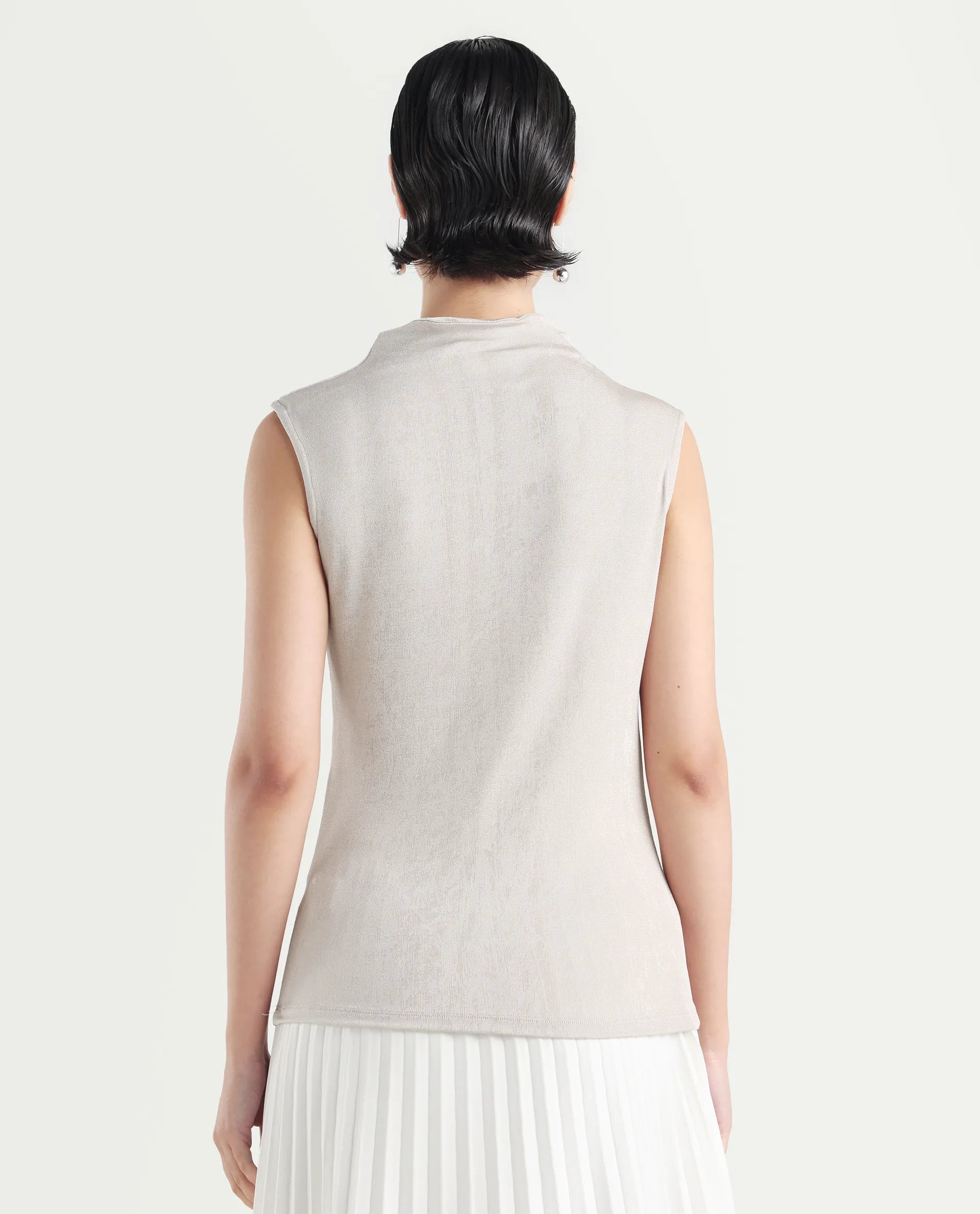 Rareism Women's Zoptus Light Beige Cotton High Neck Regular Fit Plain Top