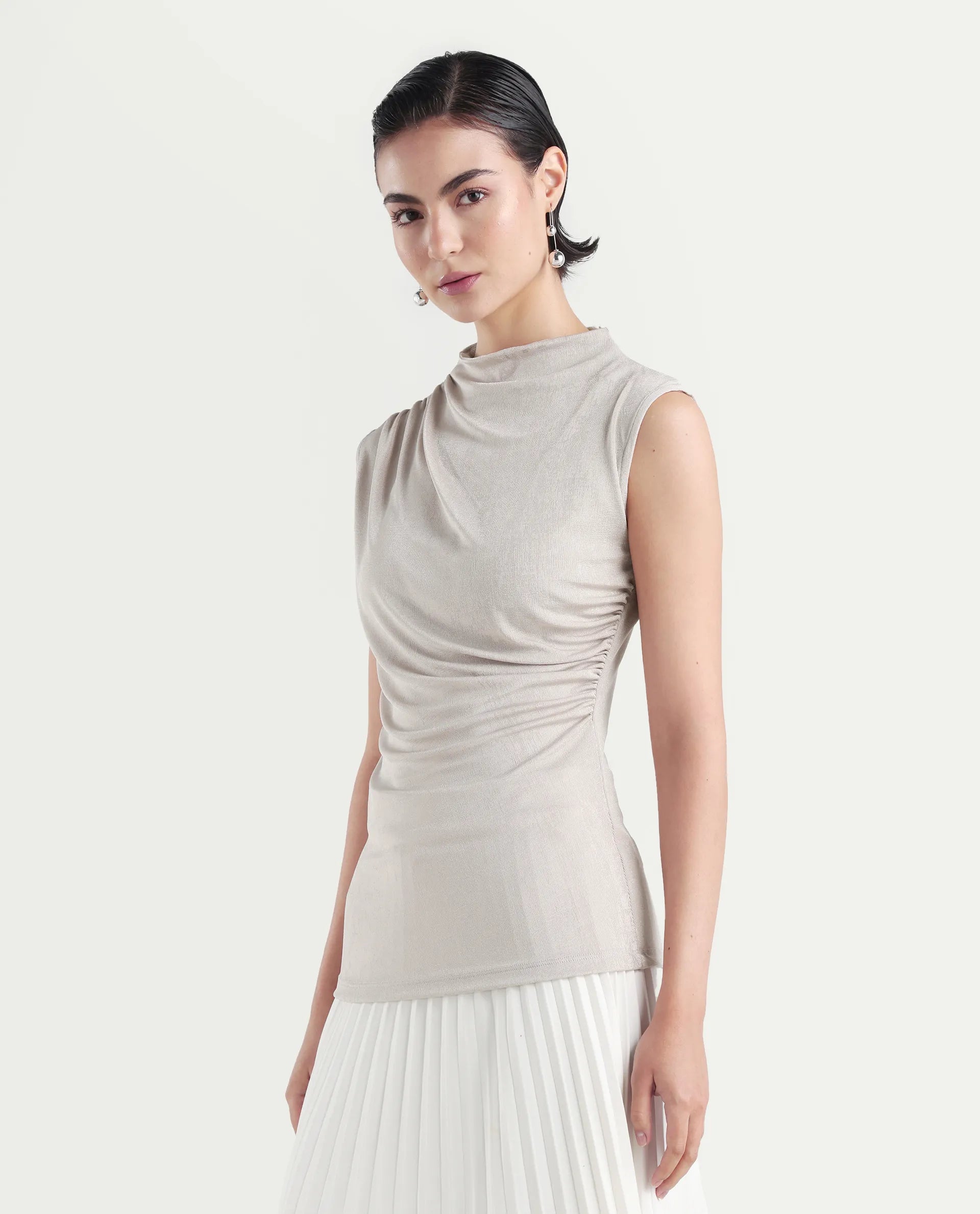 Rareism Women's Zoptus Light Beige Cotton High Neck Regular Fit Plain Top